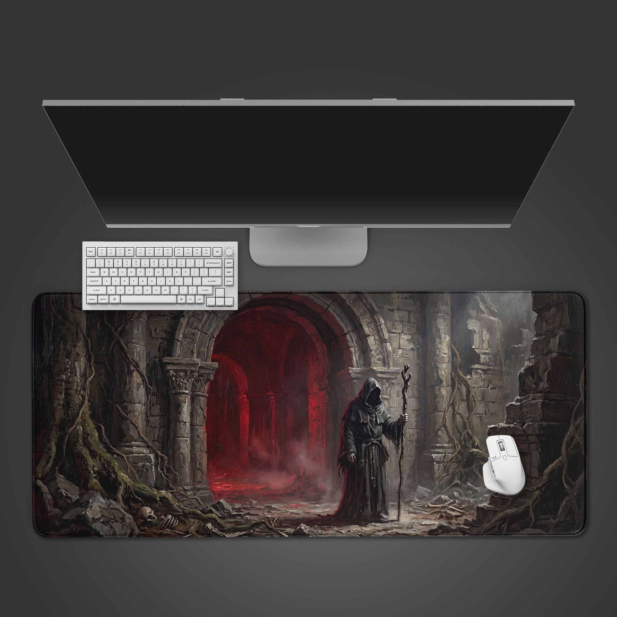 Dark fantasy desk mat featuring a hooded figure standing before a glowing red archway in ancient ruins