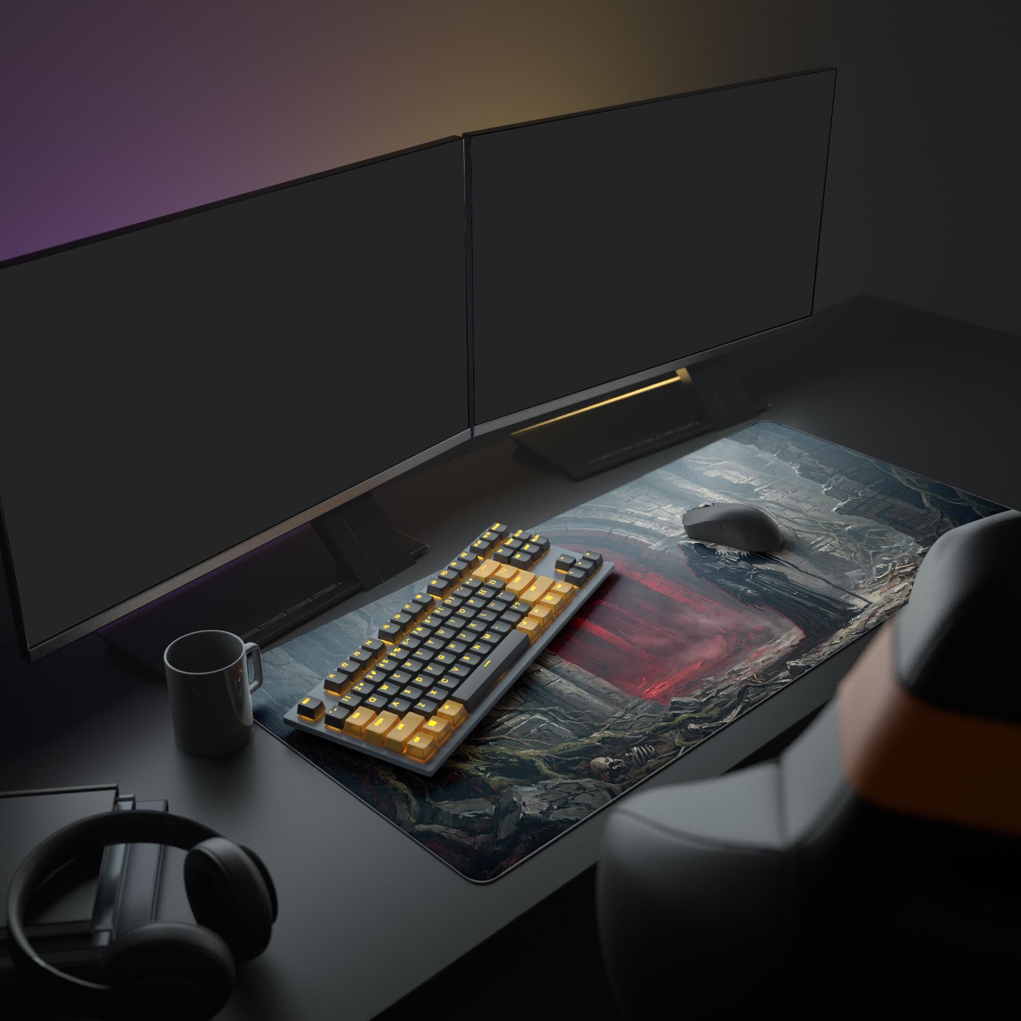 Close-up of the gothic desk mat showing detailed stone ruins, skulls, and a grim reaper character