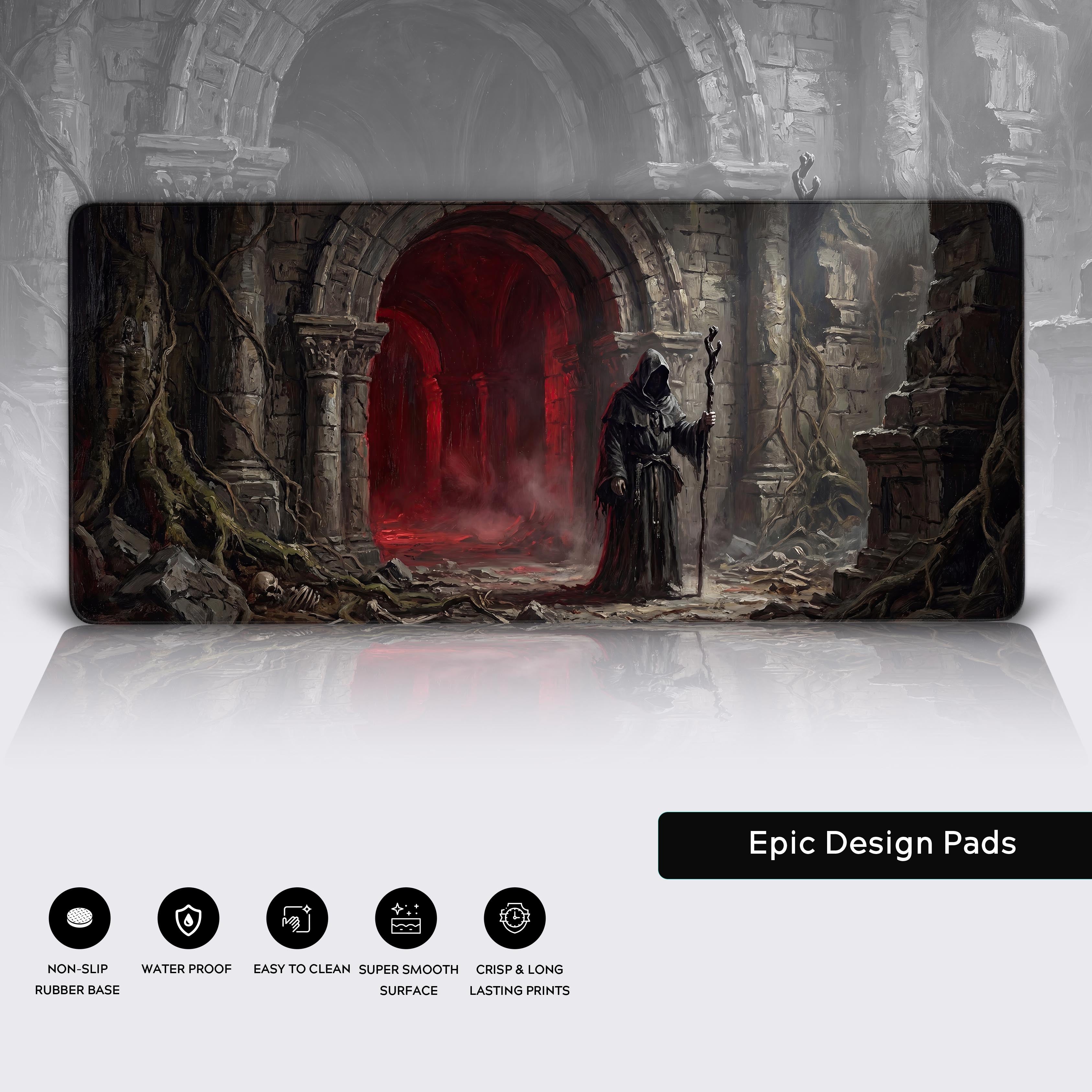 Epic dark fantasy gaming setup aesthetic featuring the Crimson Sanctum XL desk pad
