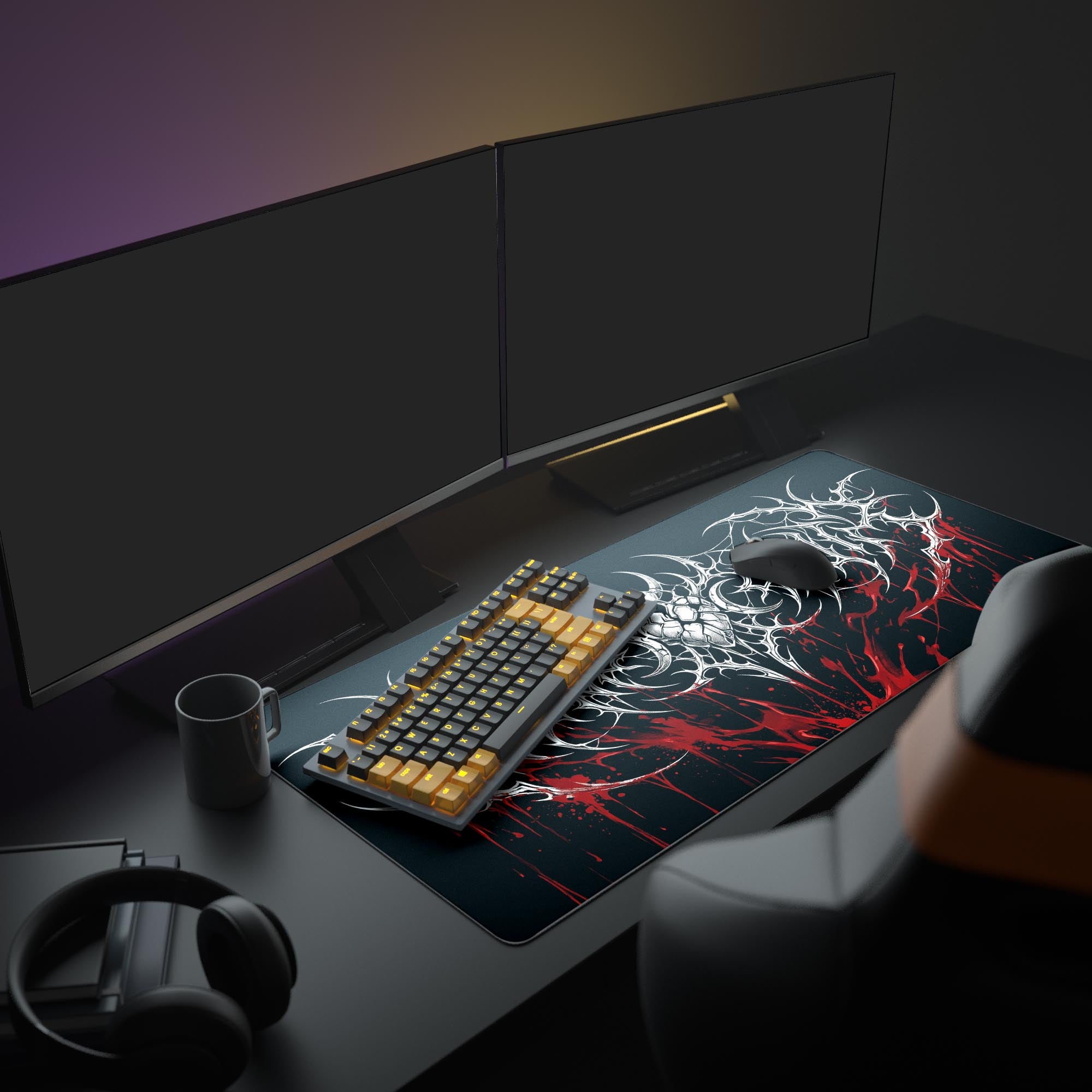 The Crimson Sigil gaming desk mat featured in a dark gaming setup with illuminated RGB peripherals, creating a striking gothic and high-tech aesthetic. - Epic Design Pads & Mousepads