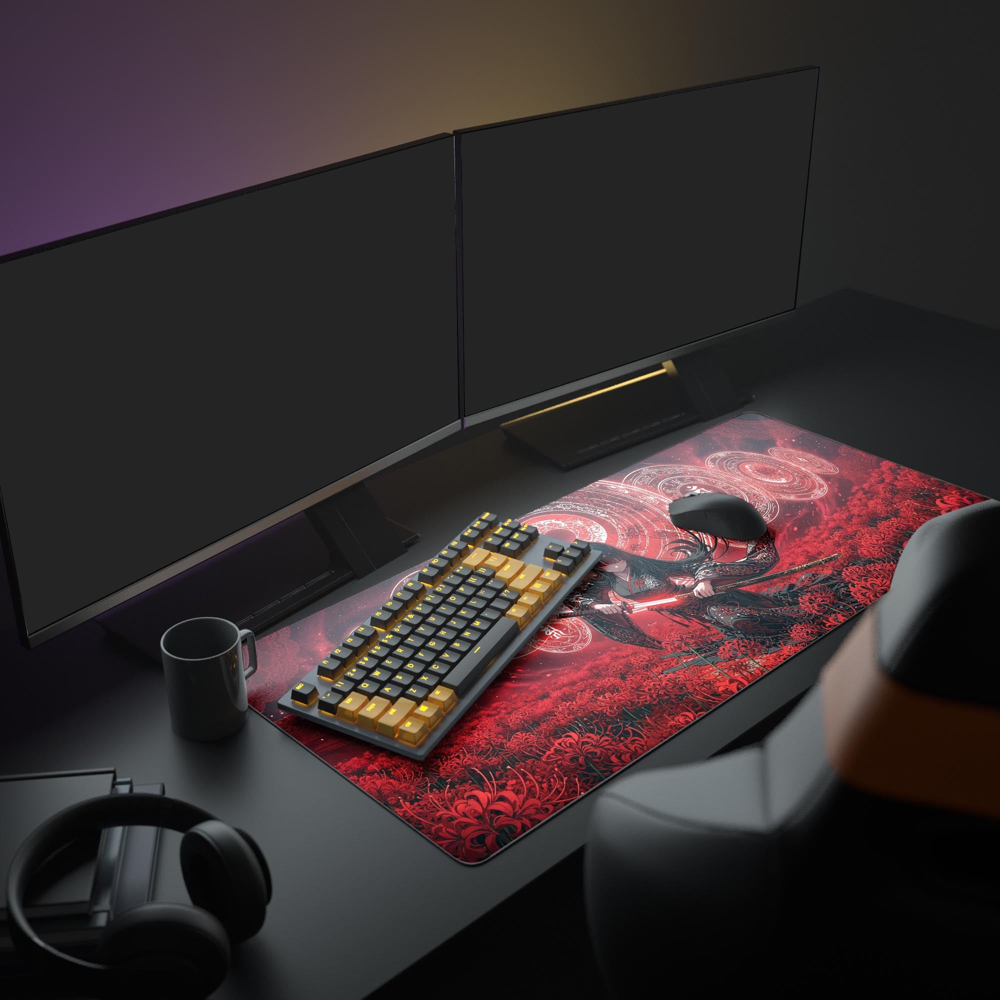 A complete gaming setup showcasing the Crimson Spell anime mouse pad, which covers the desk beneath a monitor and provides a large surface for a keyboard and mouse. - Epic Design Pads & Mousepads