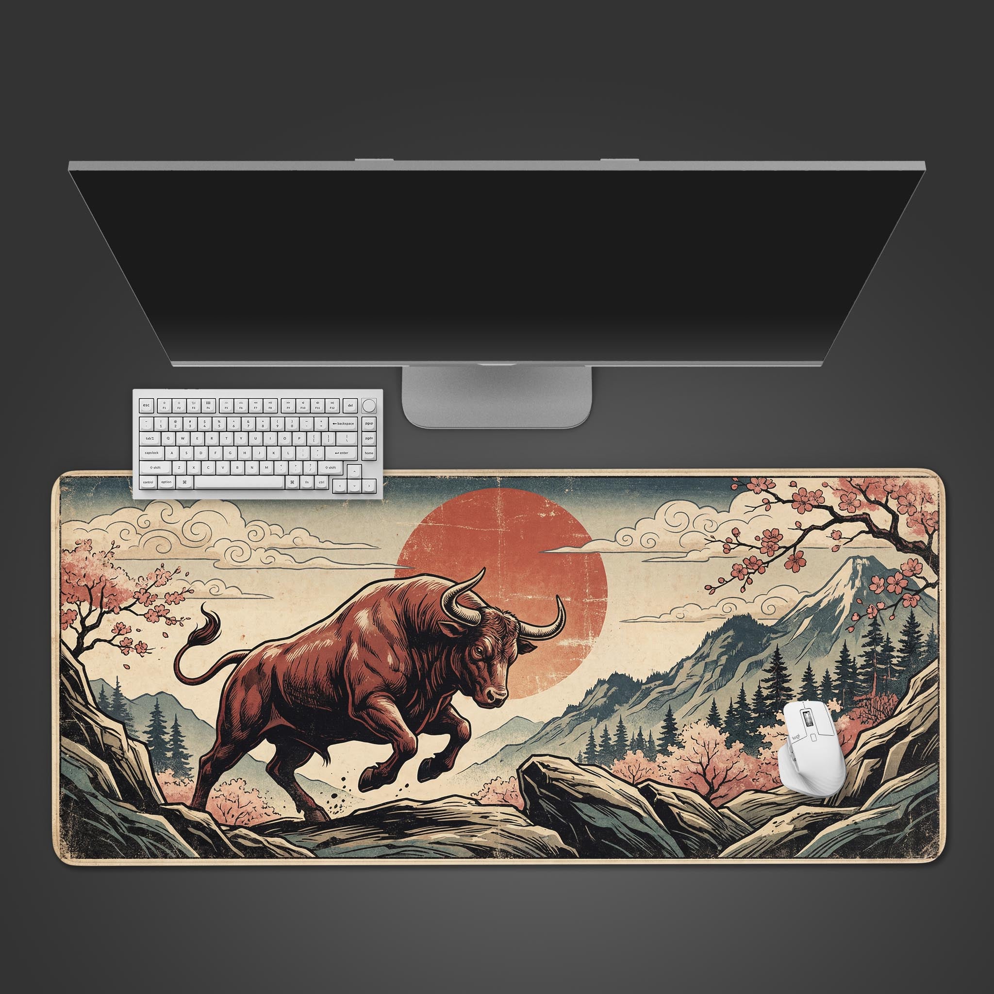 Top-down view of the Crimson Taurus gaming desk mat featuring a Japanese Ukiyo-e style bull, shown with a white keyboard and mouse on a dark surface. - Epic Design Pads & Mousepads