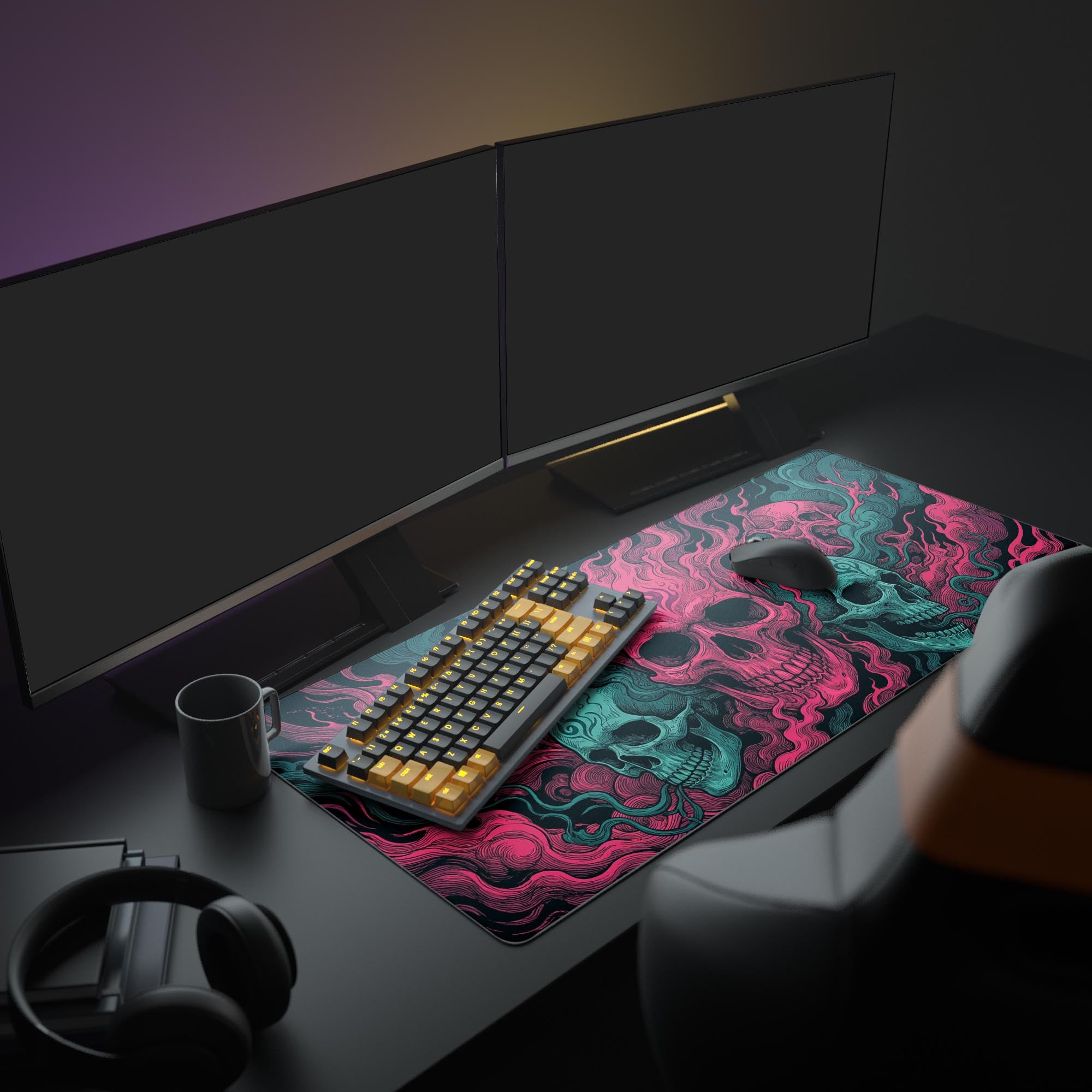 A full gaming setup featuring the Crimson Trinity skull gaming desk mat, illuminated by RGB lighting from the keyboard, mouse, and monitors. - Epic Design Pads & Mousepads