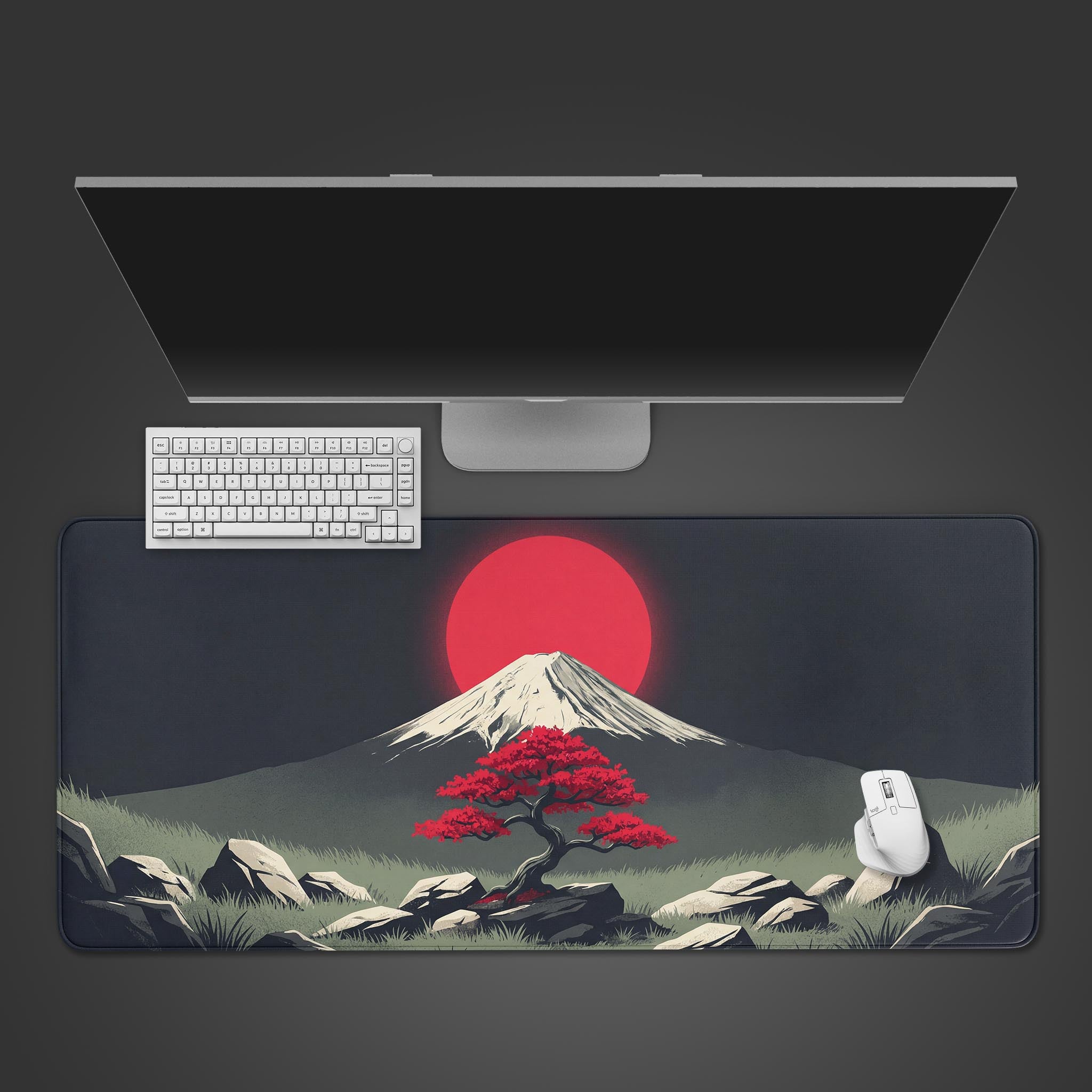 Top-down view of the Crimson Zen gaming desk mat, featuring a Japanese mountain and red sun design, displayed with a white keyboard and mouse. - Epic Design Pads & Mousepads