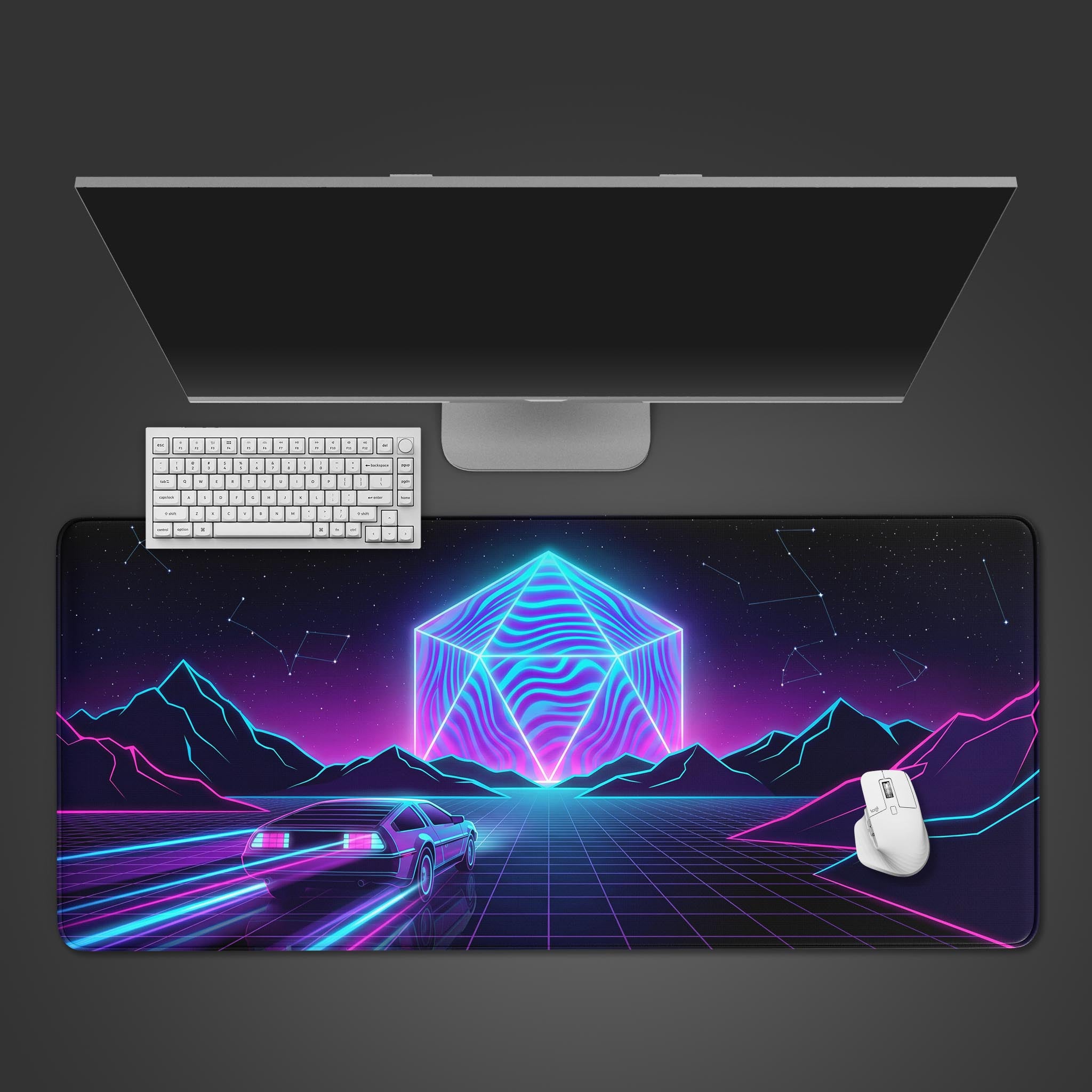 A top-down view of the Critical Velocity gaming desk mat, showing the 80s synthwave car design next to a white keyboard and mouse on a dark background. - Epic Design Pads & Mousepads