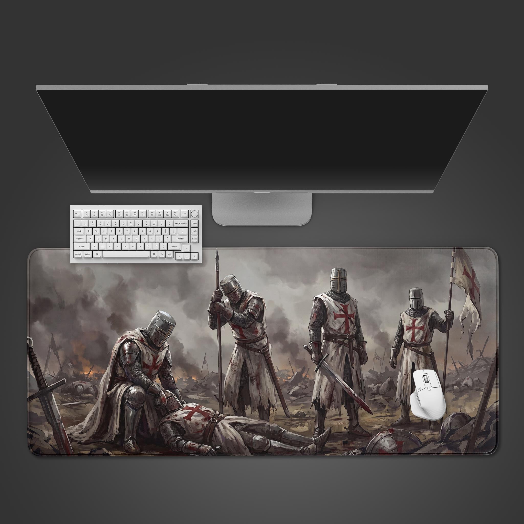 Large desk mat featuring an epic illustration of medieval Crusader knights on a smoky battlefield honoring a fallen comrade.
