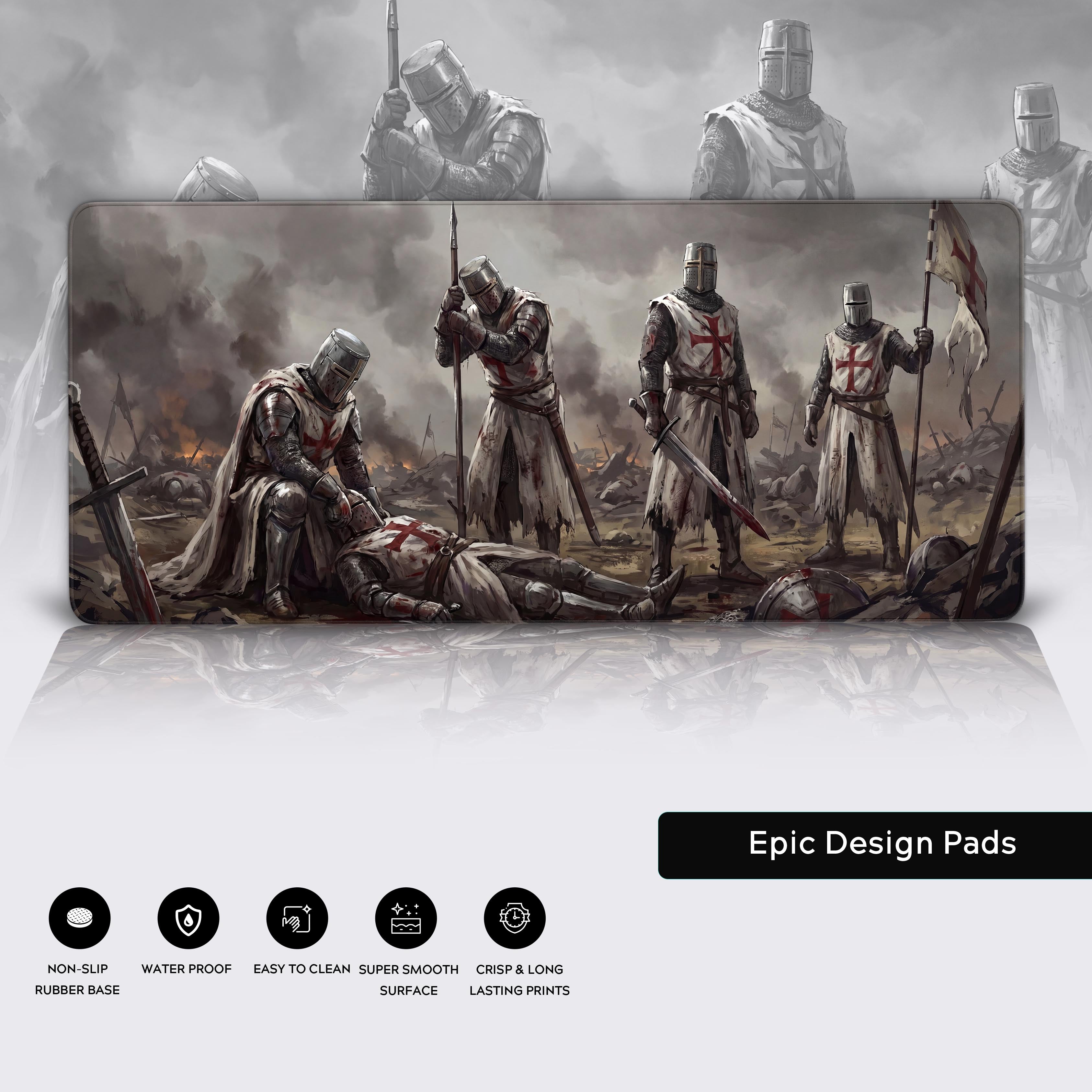 Epic Design Pads Fallen Crusader medieval knight mouse pad shown in a lifestyle gaming setup context.