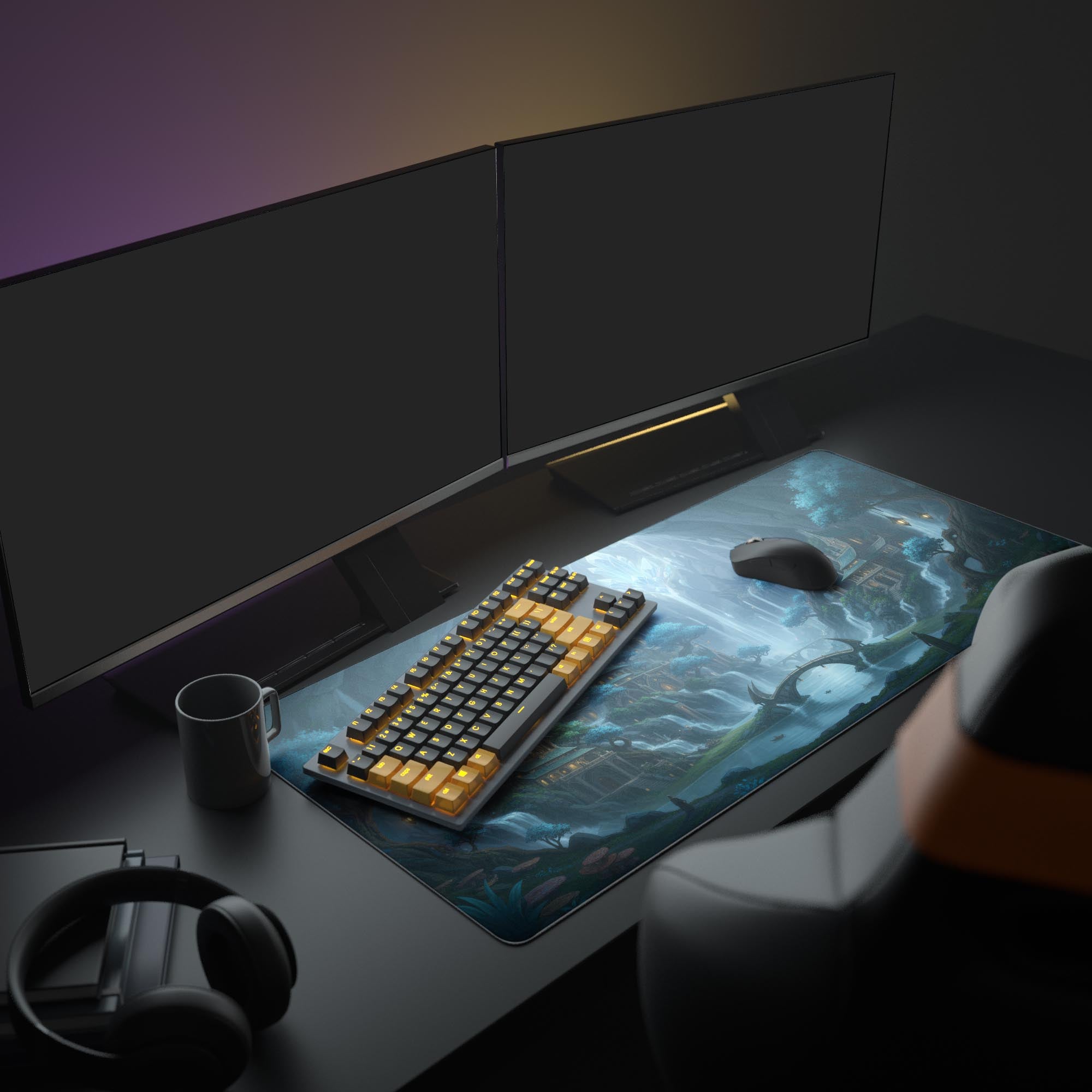 Large Crystal Grotto gaming desk mat in an aesthetic desk setup with dual monitors, a mechanical keyboard, and headphones. - Epic Design Pads