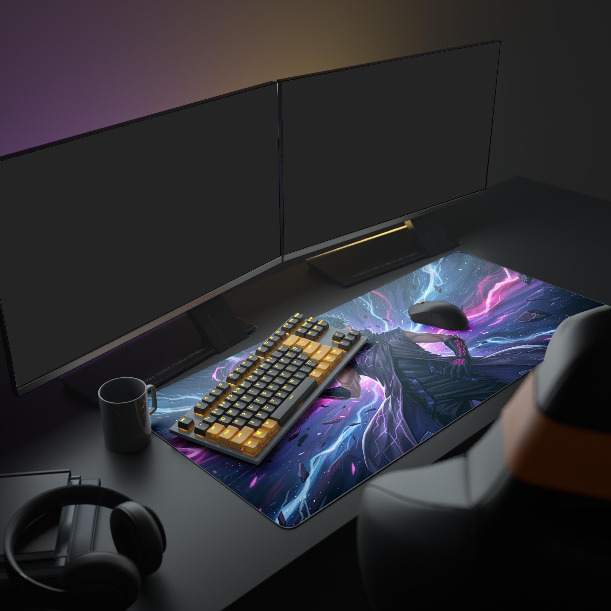 Large gaming desk mat with Cursed Power sorcerer design, featured in a complete anime gaming setup with dual monitors and glowing peripherals. - Epic Design Pads
