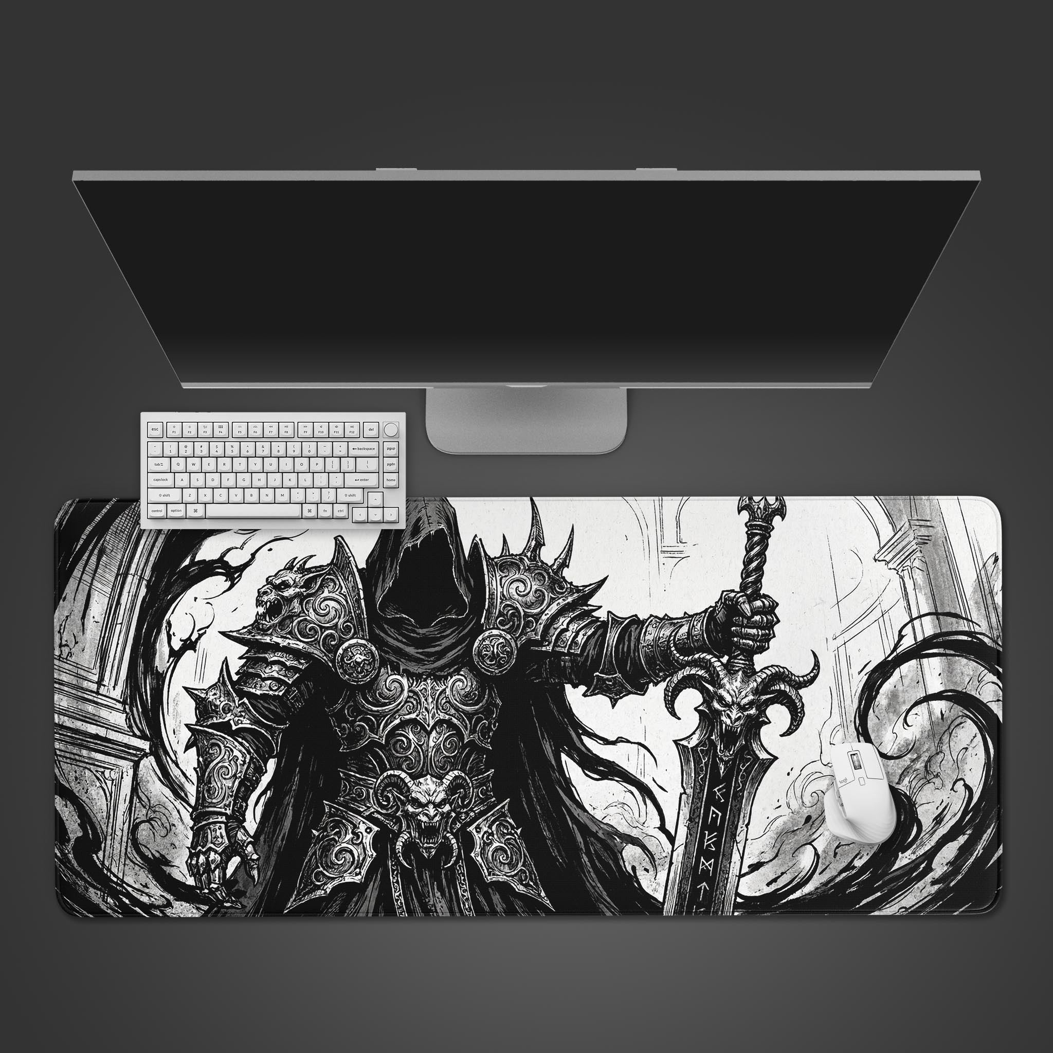 The Cursed Sovereign dark fantasy gaming desk mat viewed from above, with a white mechanical keyboard and mouse placed on its detailed warrior artwork. - Epic Design Pads & Mousepads