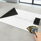 Card game setup with cards on a custom playmat.