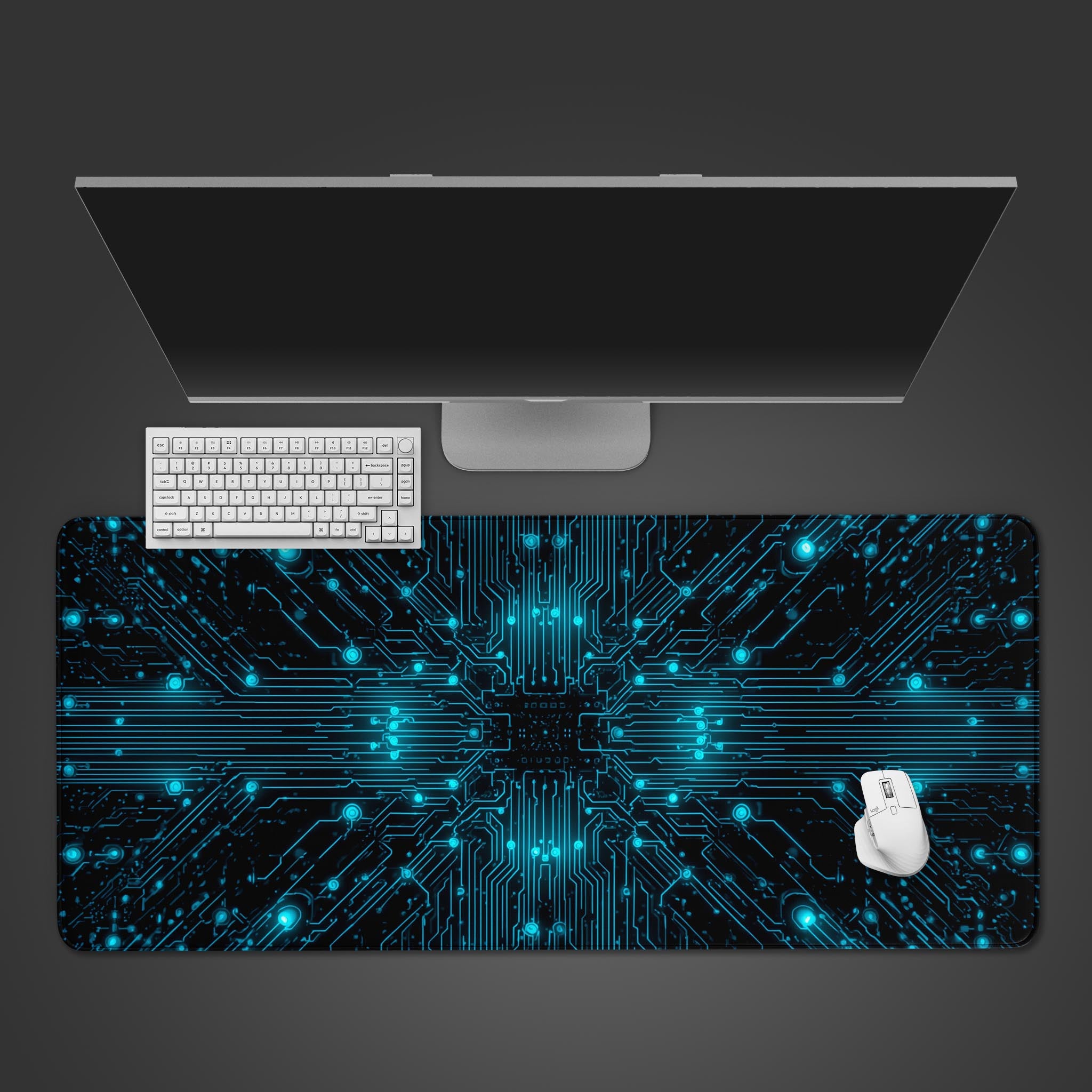 Cyber Circuit gaming desk mat with glowing blue circuitry design, shown from a top-down view with a mechanical keyboard and gaming mouse. - Epic Design Pads