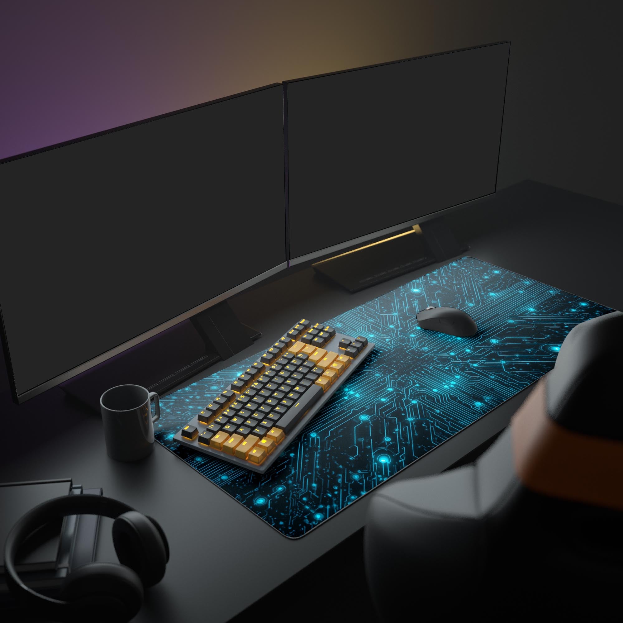 Large Cyber Circuit desk mat in a full gaming setup with dual monitors, glowing PC tower, and headphones, creating a futuristic tech aesthetic. - Epic Design Pads