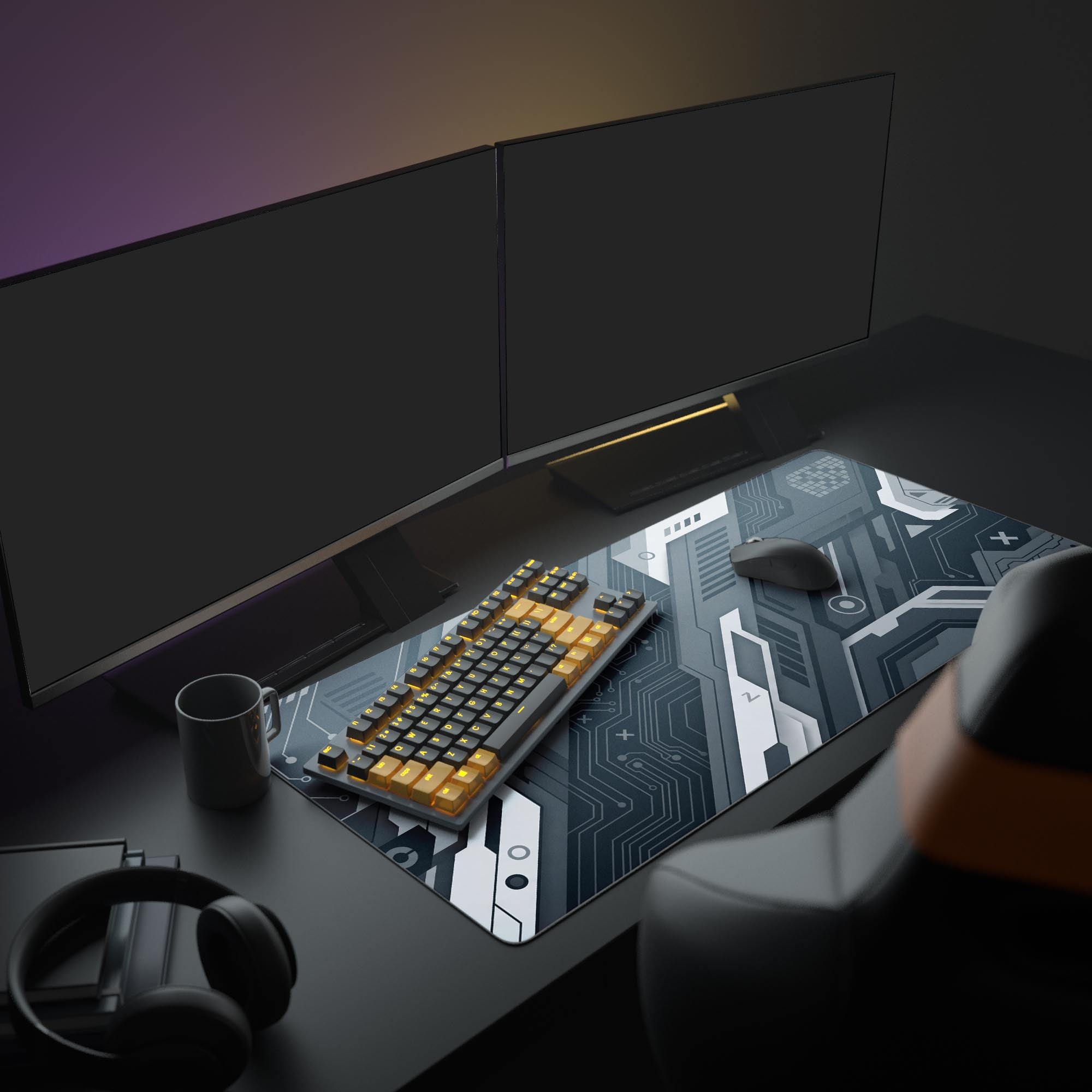 Large Cyber Circuit gaming mouse pad in a futuristic setup with dual monitors, a mechanical keyboard, and neon lighting. - Epic Design Pads & Mousepads