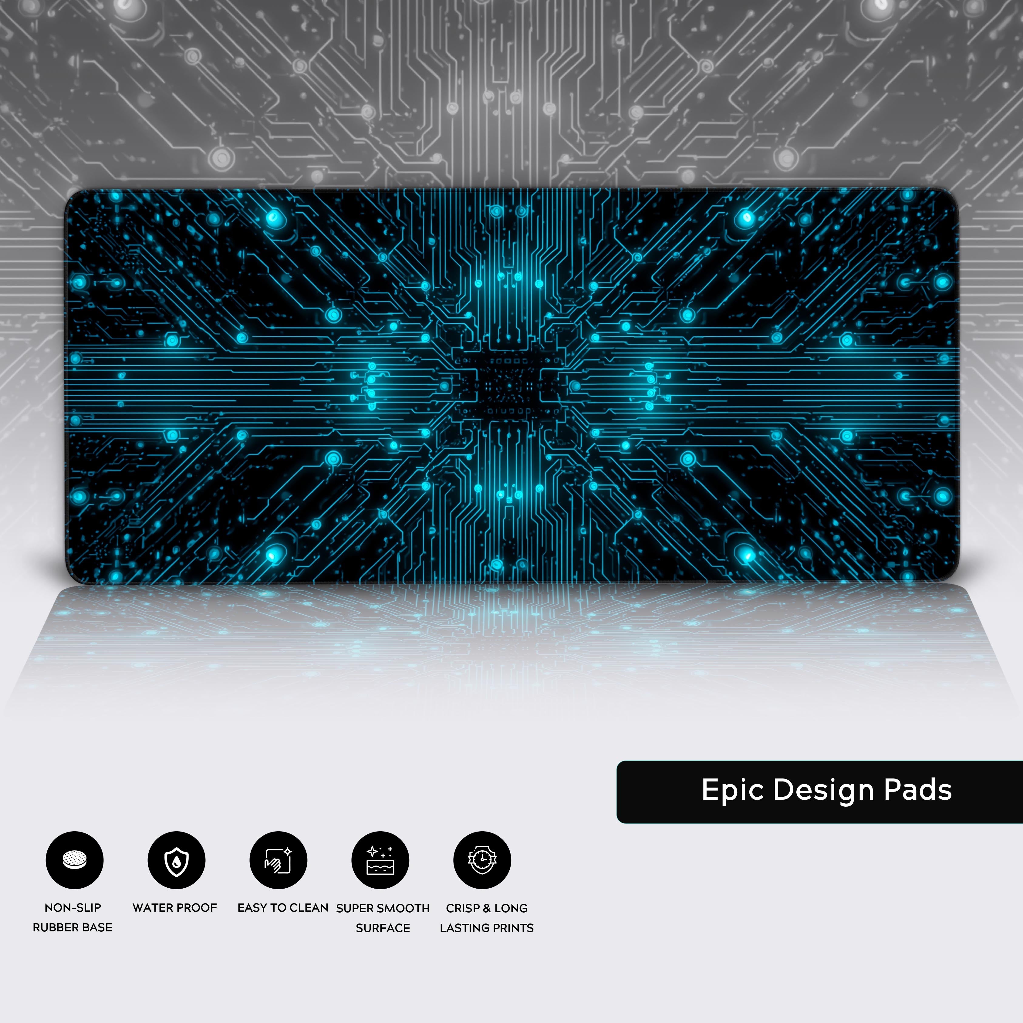 Close-up of the Cyber Circuit gaming desk mat showing the high-quality stitched edges, waterproof surface, and non-slip rubber base. - Epic Design Pads