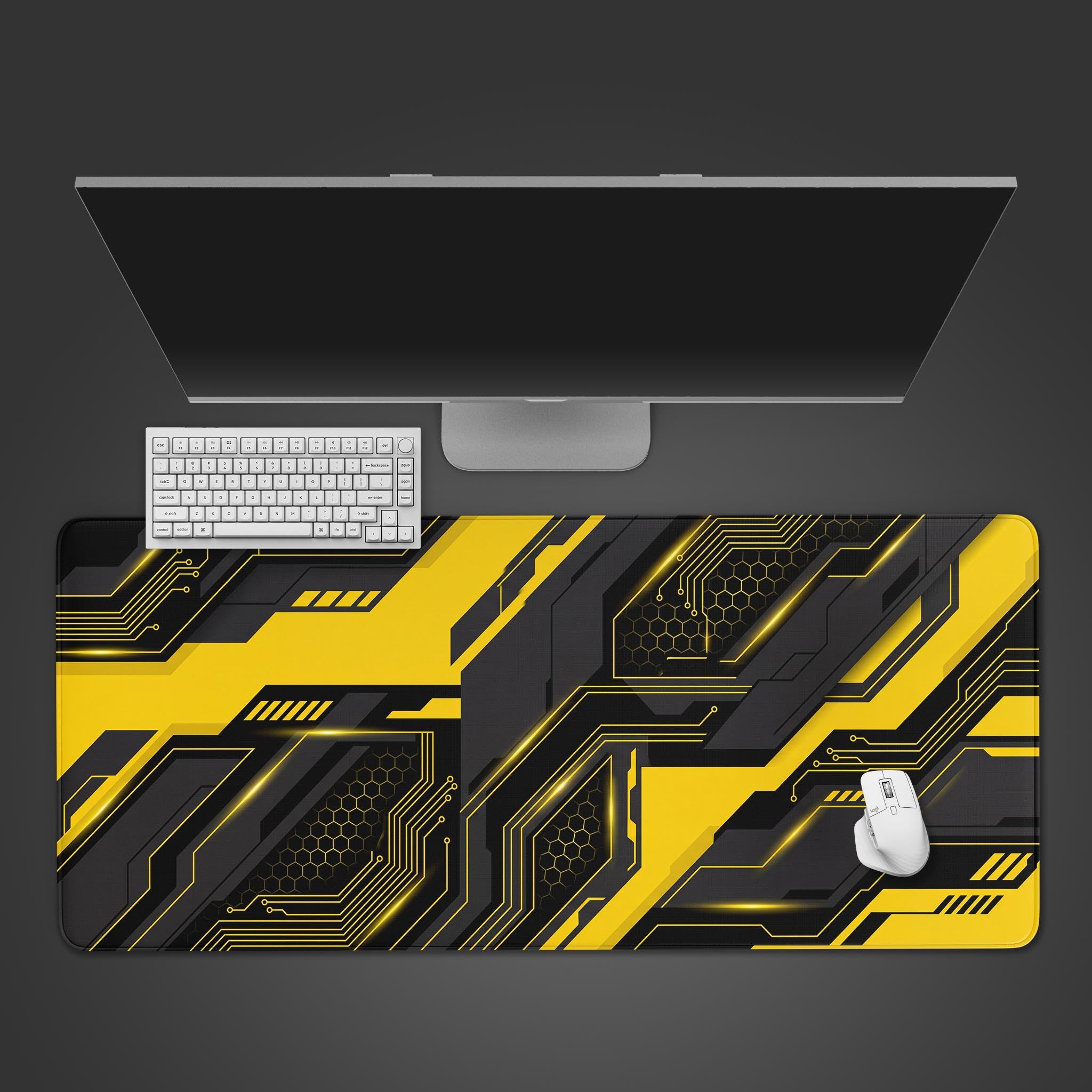 Cyber Circuit gaming desk mat in hazard yellow and charcoal, shown from a top-down view with a mechanical keyboard and gaming mouse. - Epic Design Pads & Mousepads