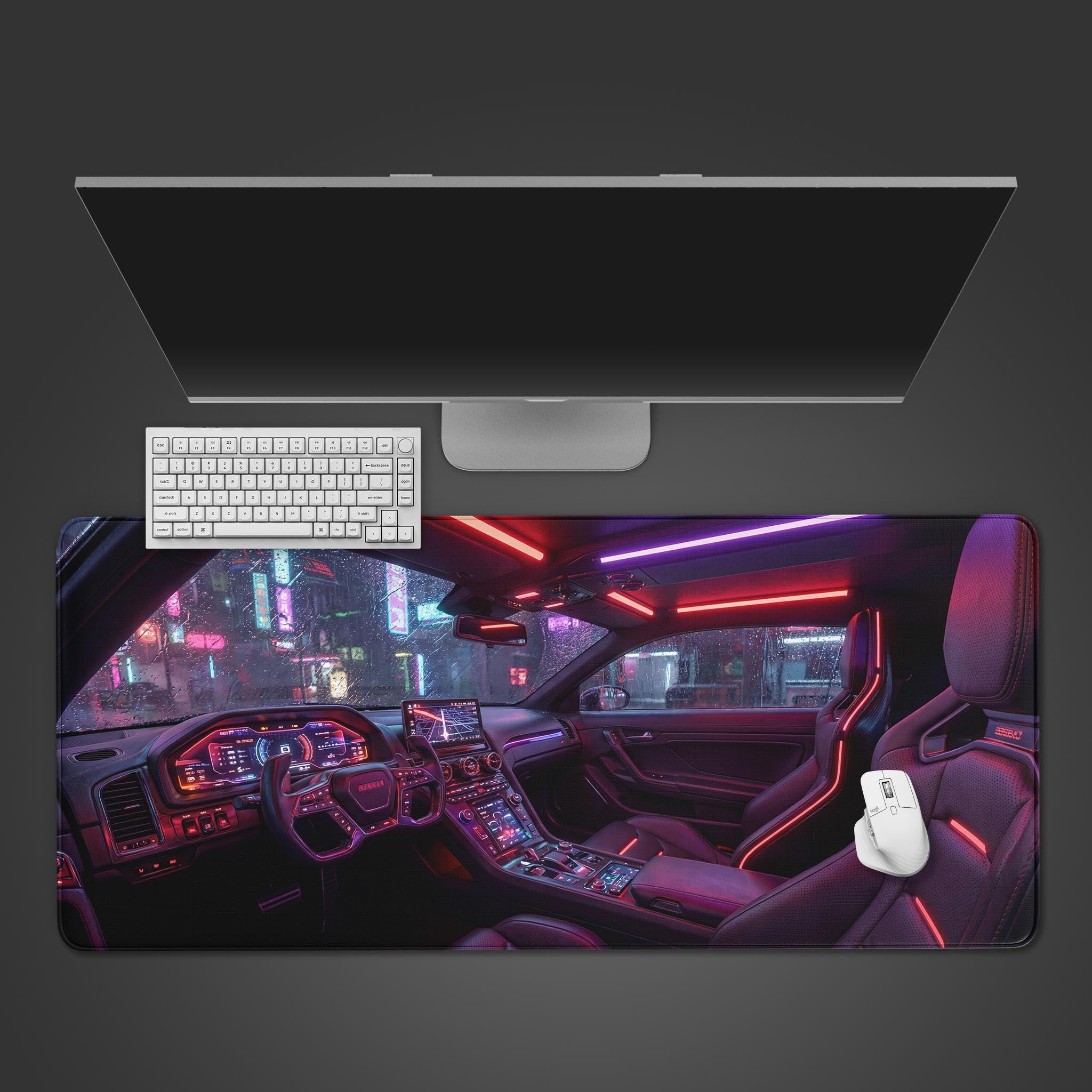 Cyberpunk desk mat with a futuristic car cockpit view design – top-down desktop view with a black keyboard and mouse. - Epic Design Pads & Mousepads