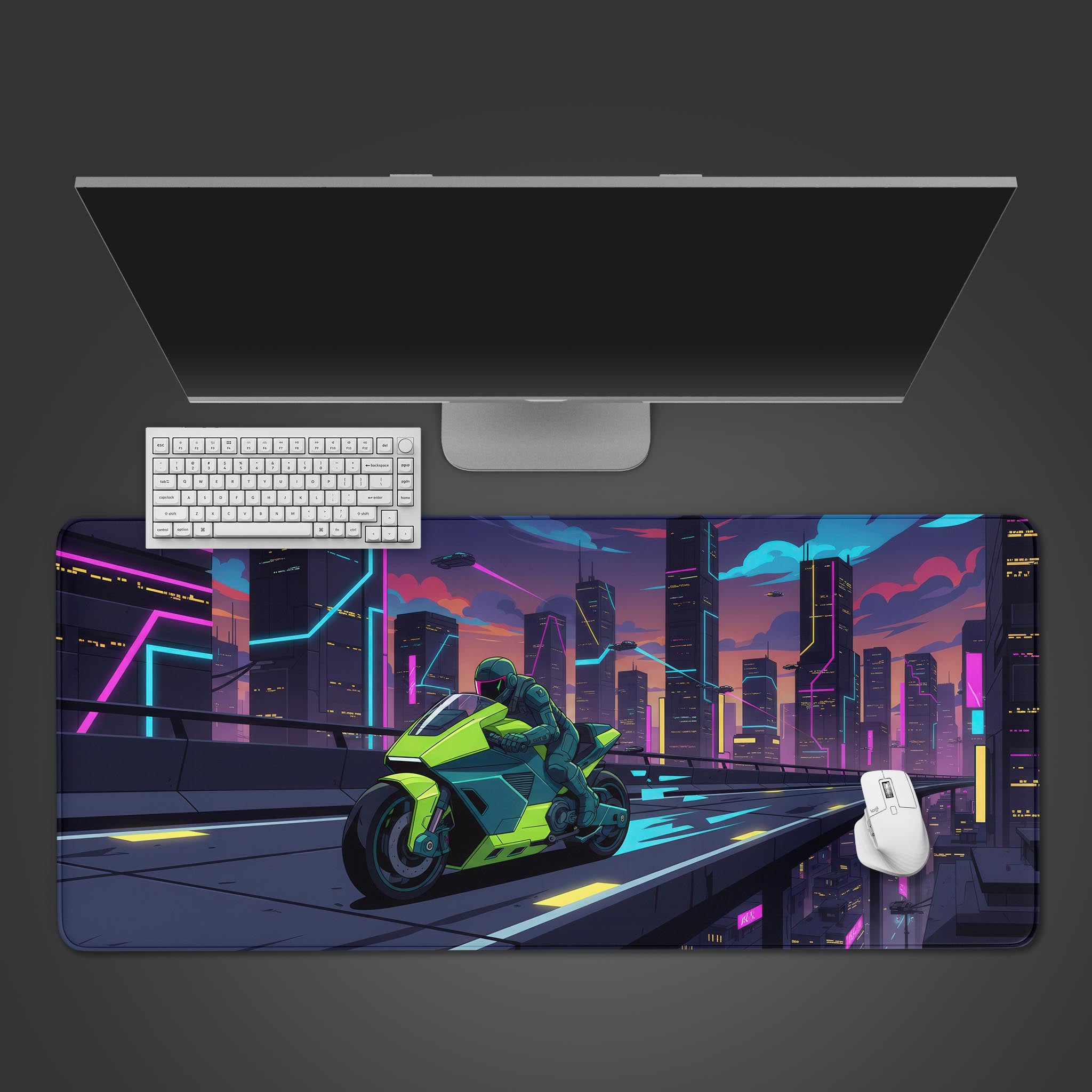 Cyber Racer desk mat with neon motorcycle cityscape design – top-down desktop view with a black keyboard and gaming mouse. - Epic Design Pads