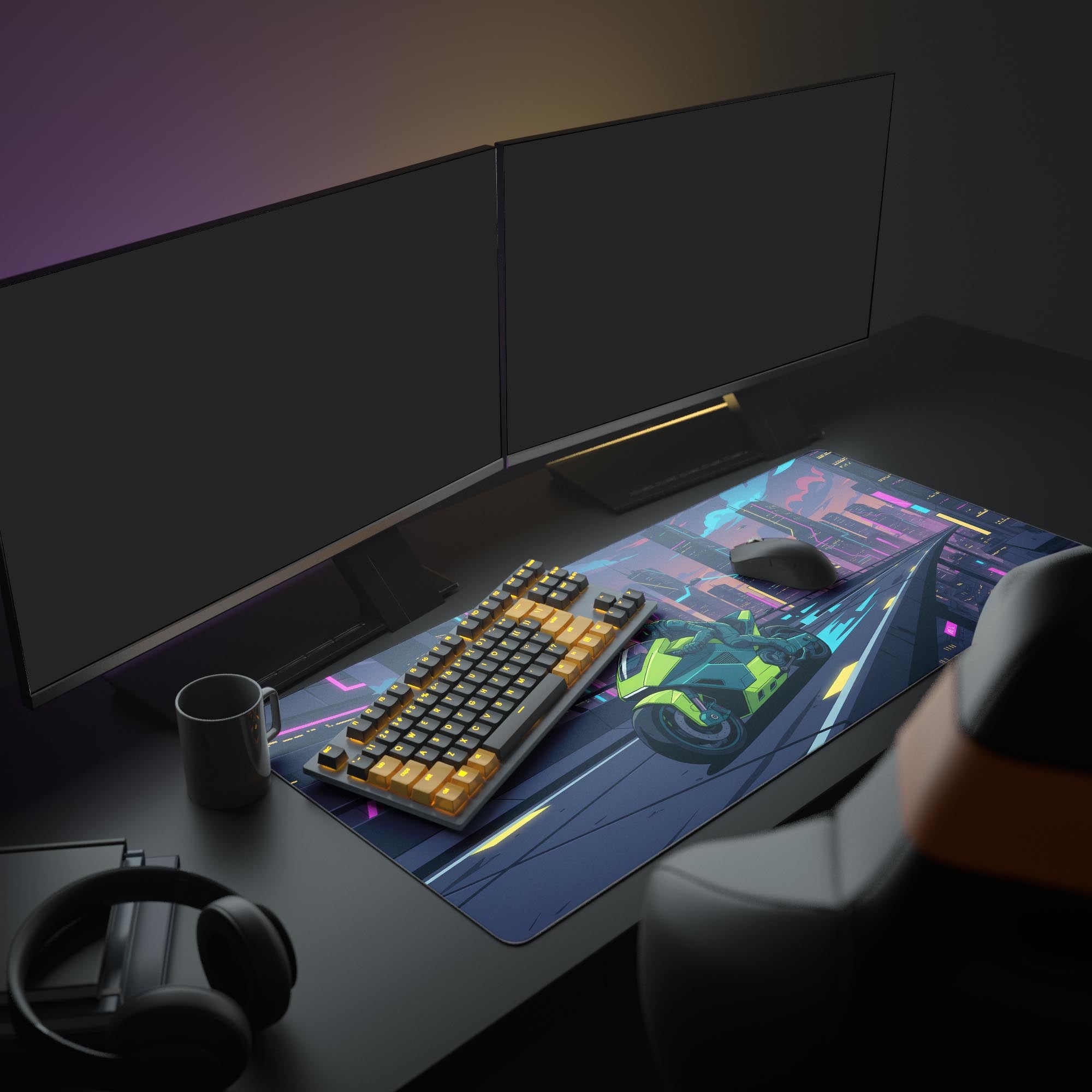 Large Cyber Racer gaming desk mat shown in a futuristic gaming setup with dual monitors, mechanical keyboard, and glowing headphones. - Epic Design Pads