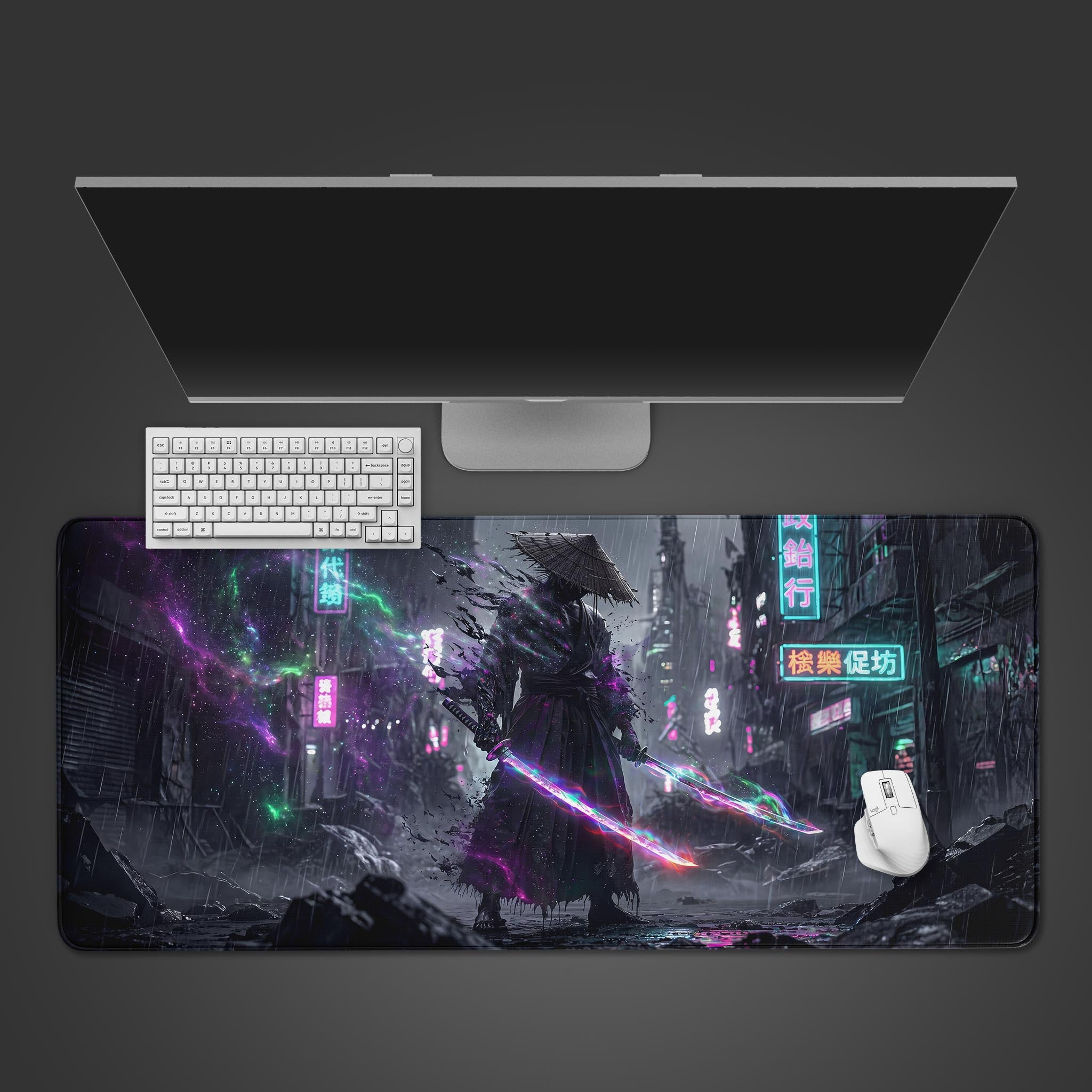 Cyberpunk neon samurai desk mat showing a warrior with glowing swords in a dark, rainy city alley