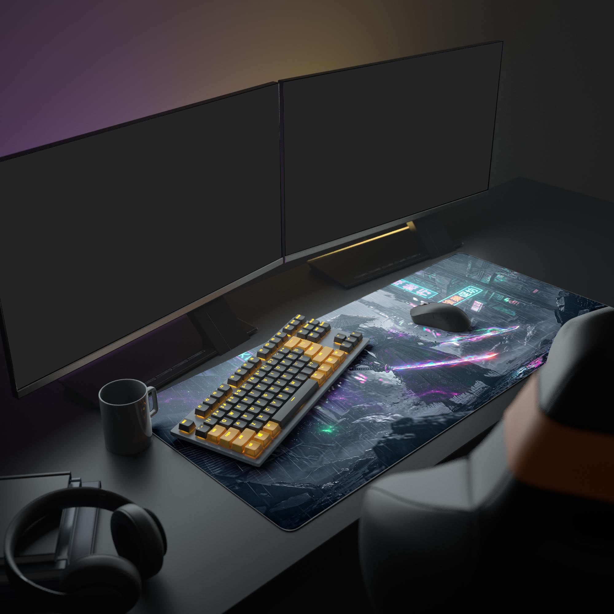 Detailed view of the vibrant neon purple and green energy katana blades on the desk pad