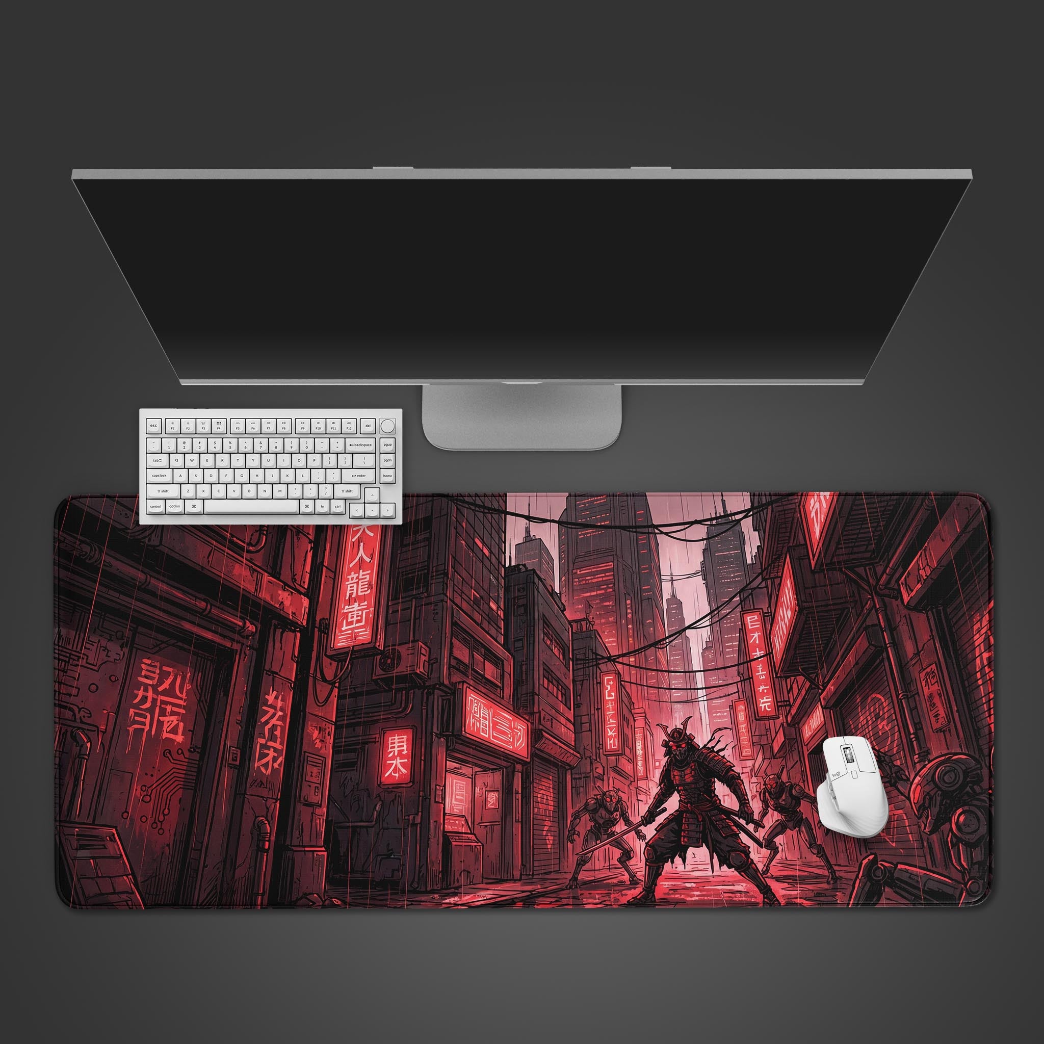 Crimson Samurai cyberpunk desk mat featuring a warrior facing cyborgs in a neon-lit futuristic city.