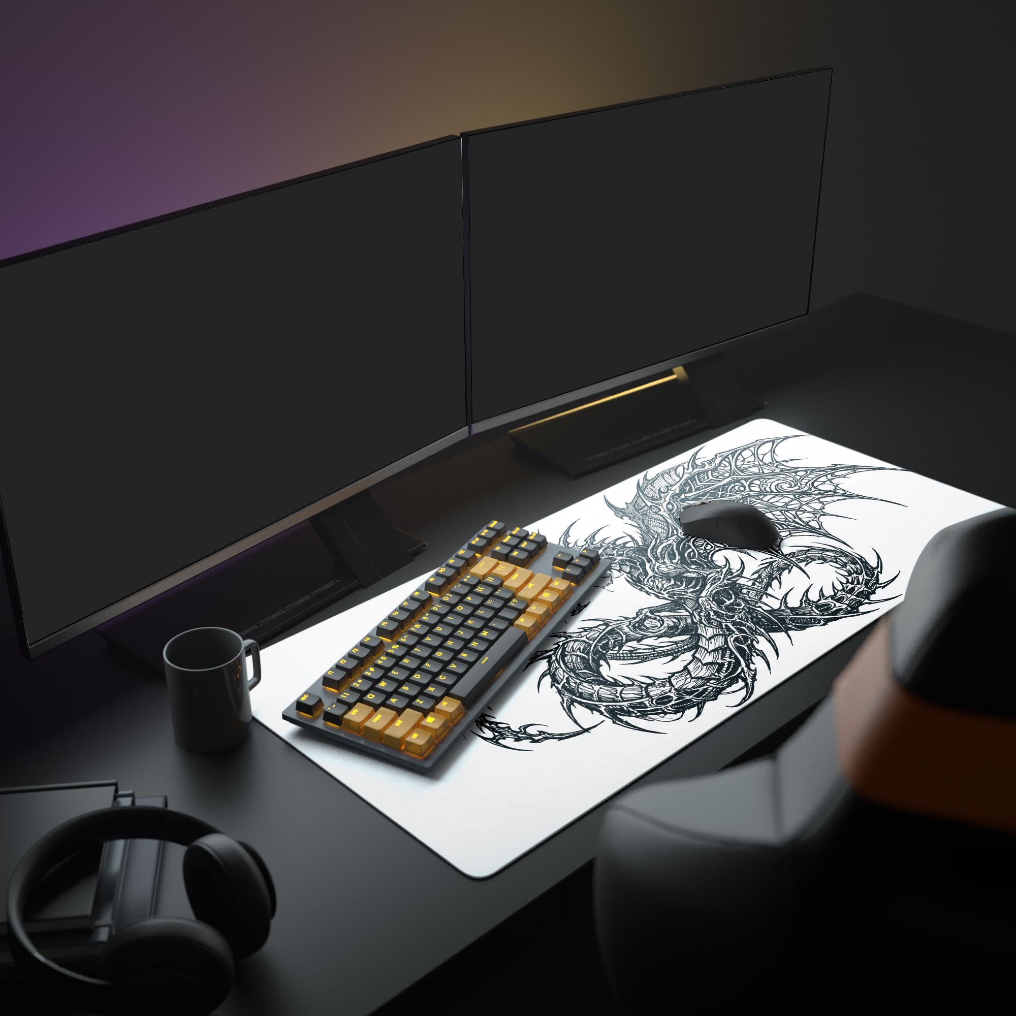 A sleek gaming setup featuring the Cyber Wyrm XL mouse pad with a monitor, keyboard, and white mouse, creating a powerful, monochrome PC gaming aesthetic. - Epic Design Pads & Mousepads