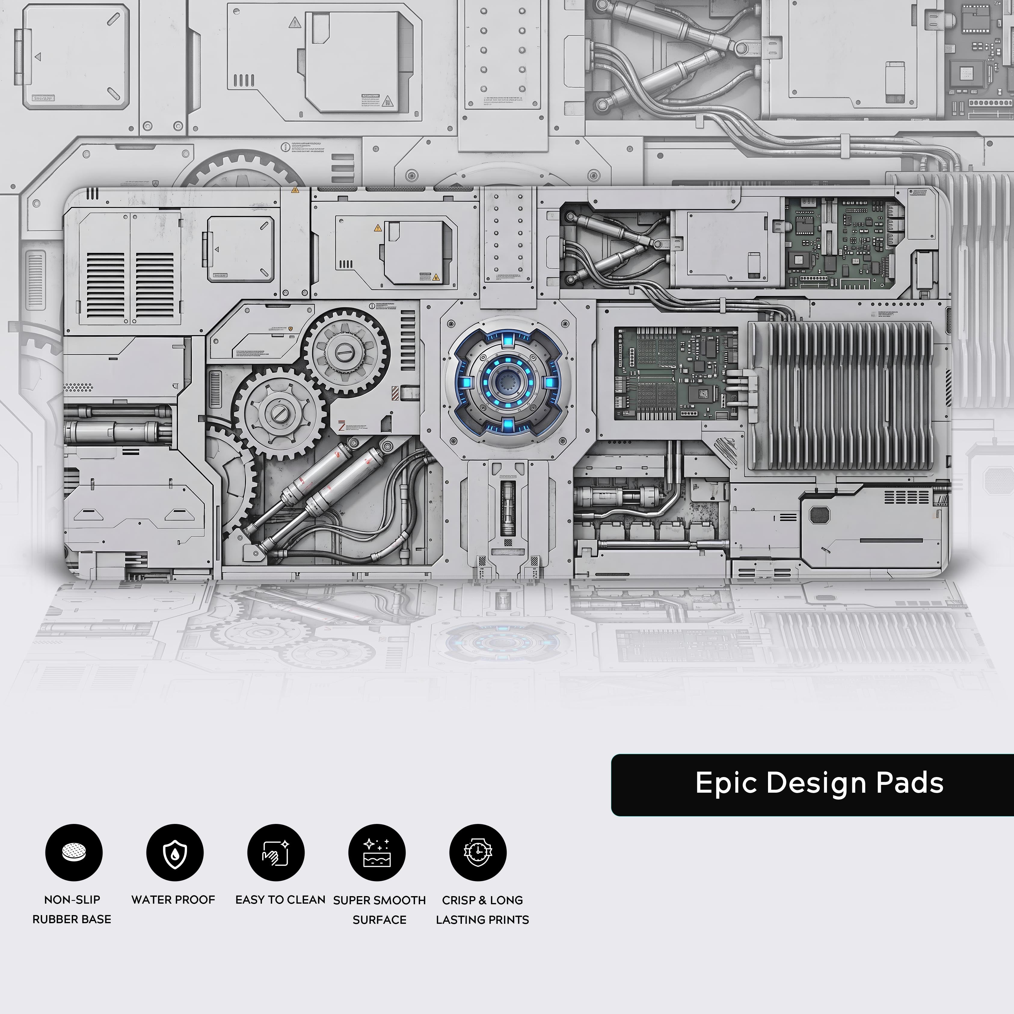 Feature graphic highlighting the desk mat's waterproof, easy-to-clean, and long-lasting print qualities.