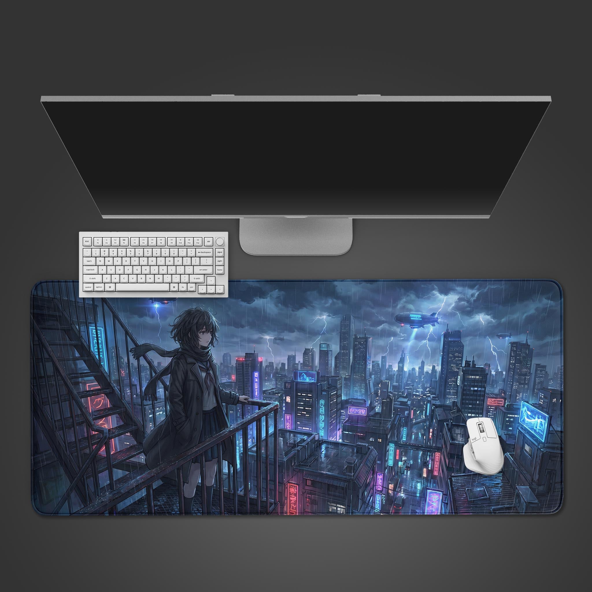 Large cyberpunk desk mat featuring an anime girl looking over a rainy, neon-lit futuristic city