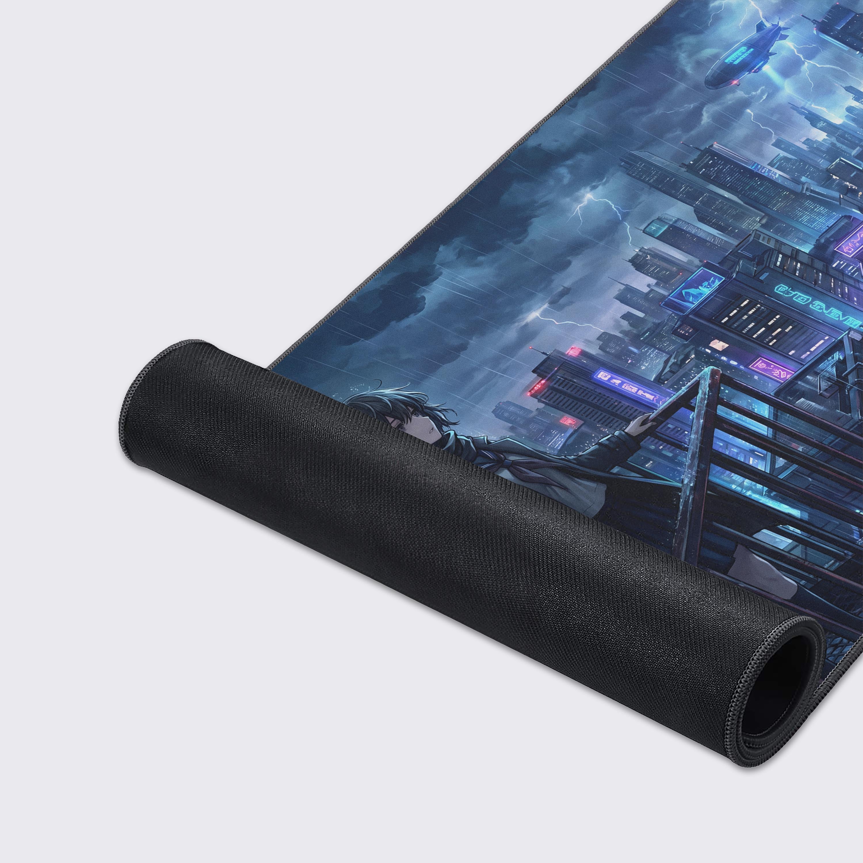 Icon breakdown of the desk mat features including non-slip rubber base, waterproof, easy to clean, and crisp prints