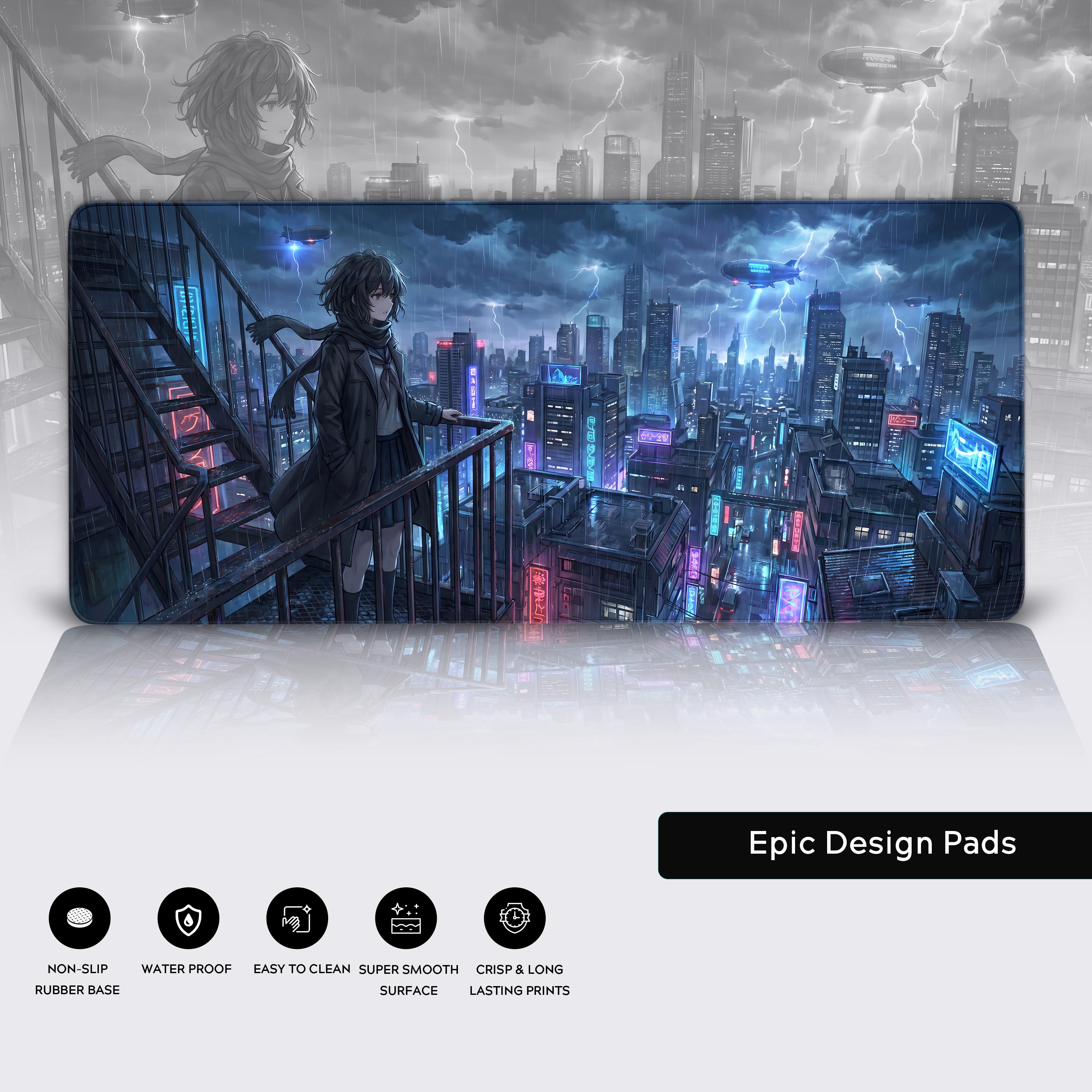 Epic Design Pads logo and lifestyle presentation of the smooth glide anime girl cityscape extended mouse pad