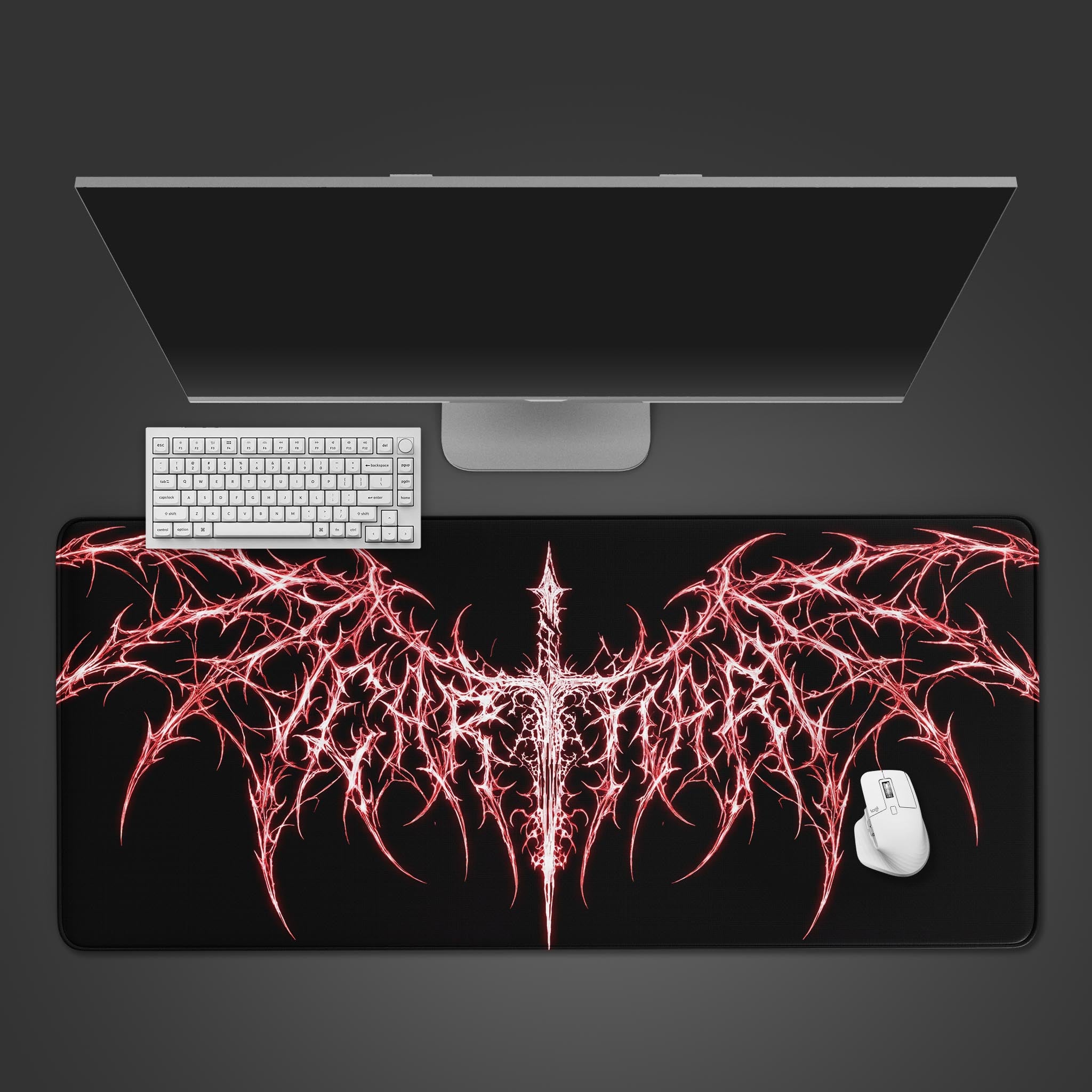 Cybersigil desk mat featuring a symmetrical, jagged red dark fantasy design on a black background
