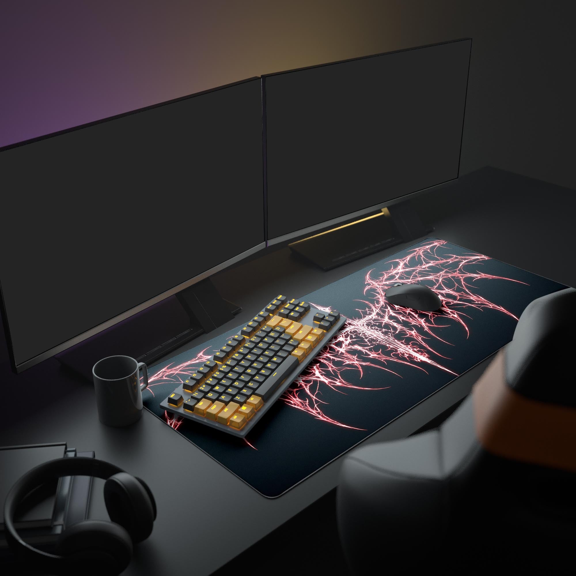 Close-up view of the intricate, sharp red lines resembling gothic metal typography on the desk mat