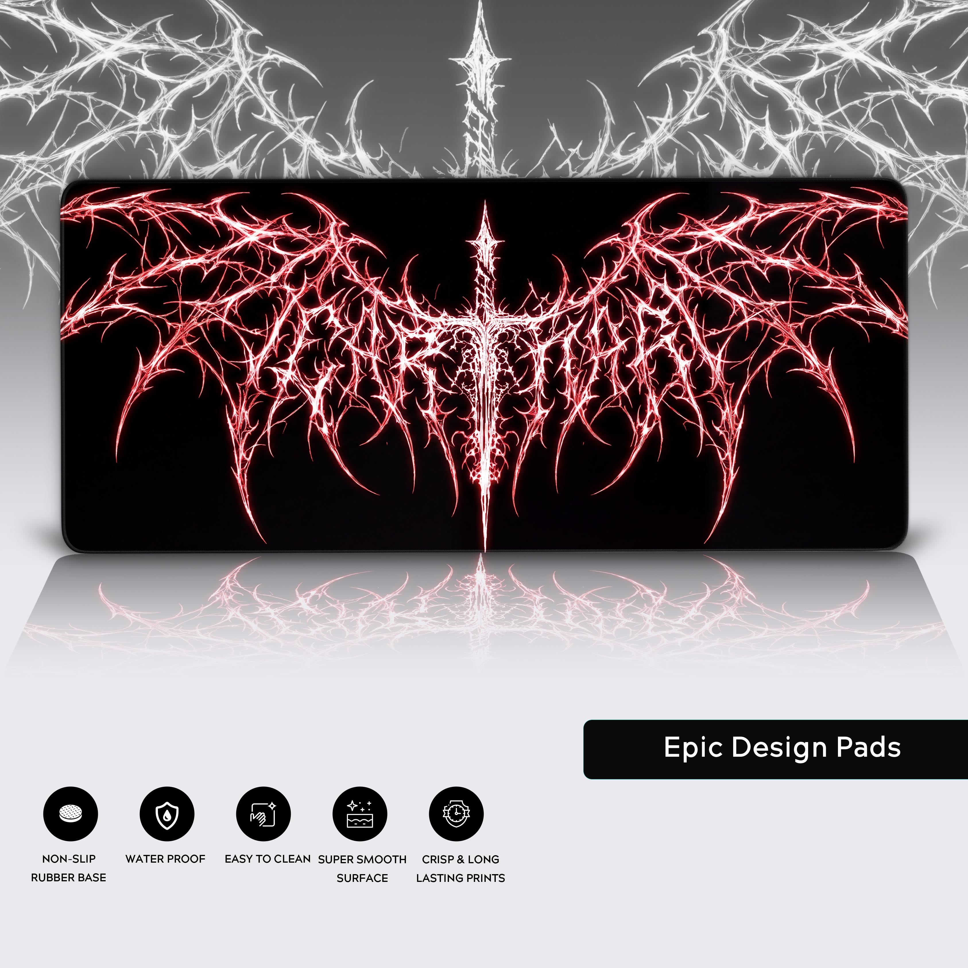 The Cybersigil mouse pad showcasing its aggressive, edgy dark fantasy aesthetic with jagged wing-like shapes