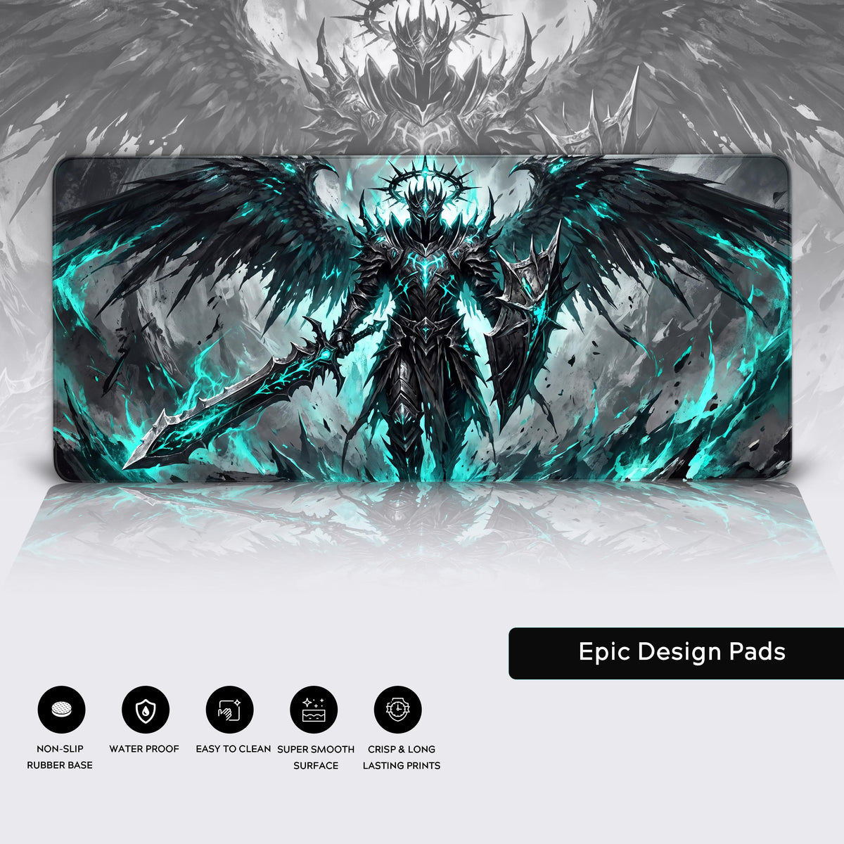 Product mockup of the dark angel desk mat highlighting its vibrant cyan and black color palette.
