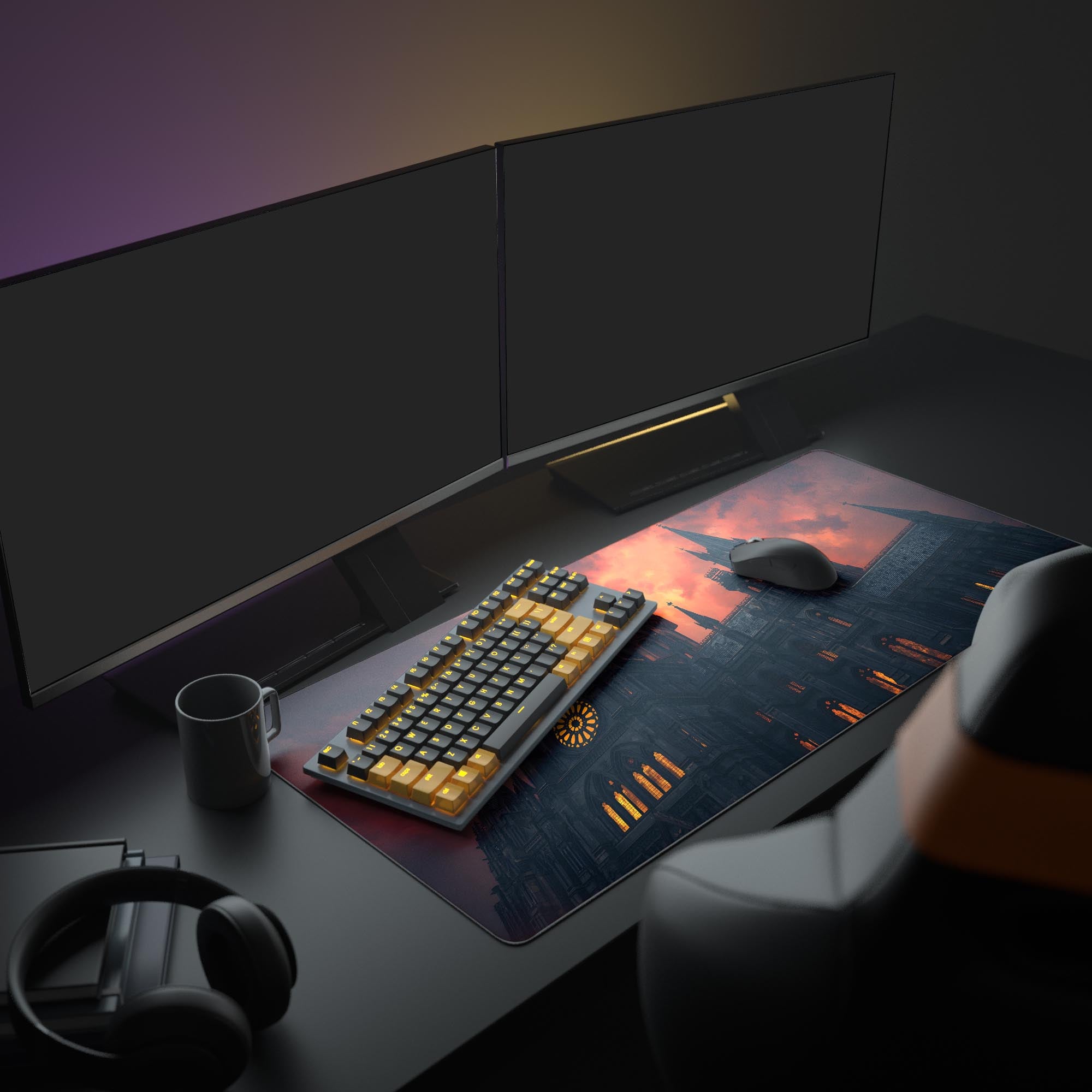 Large Dark Cathedral gaming desk mat shown in a dark academia setup with dual monitors, a mechanical keyboard, and headphones. - Epic Design Pads & Mousepads