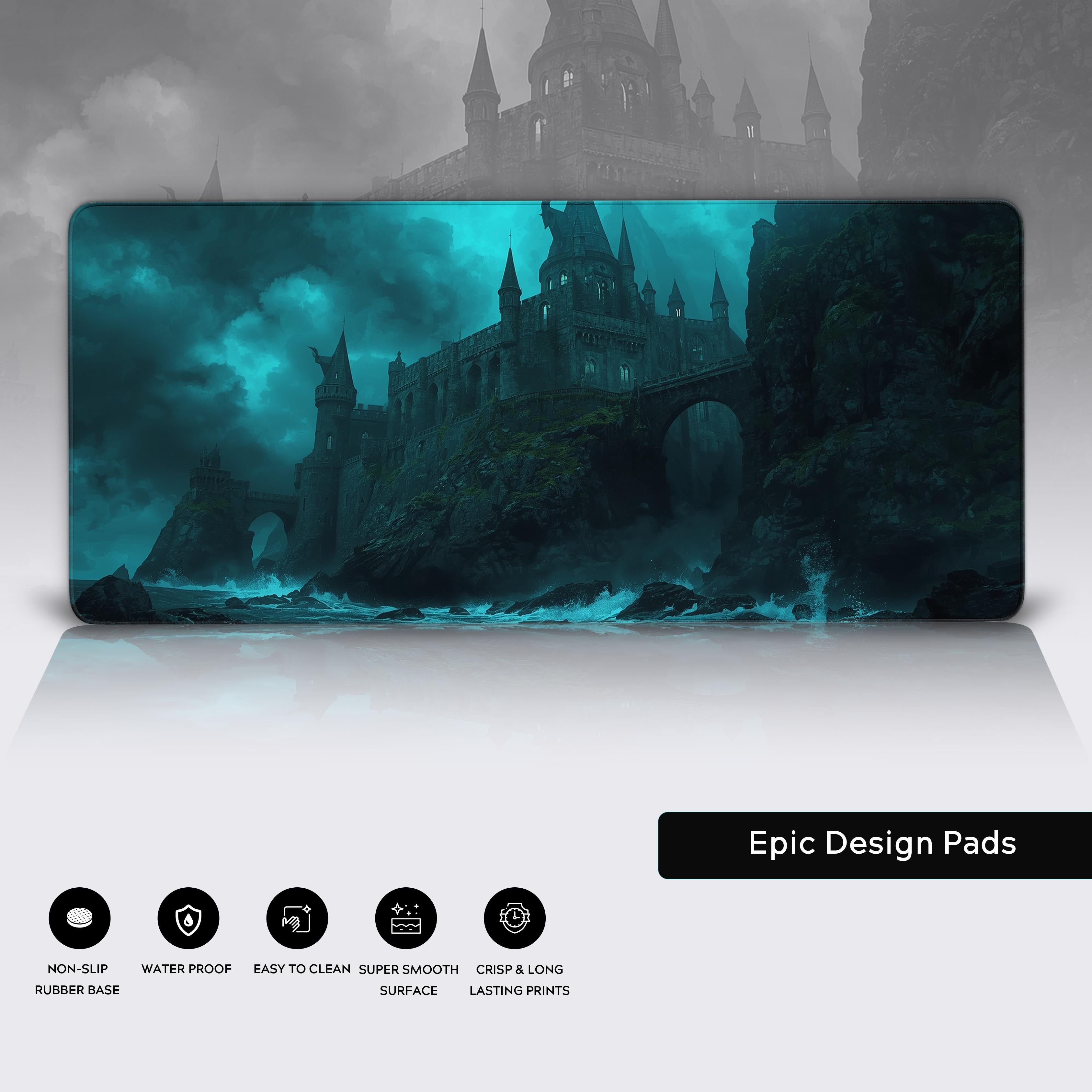 Close-up of the Dark Citadel gaming mouse pad, highlighting the premium stitched edges, smooth surface, and non-slip rubber base. - Epic Design Pads