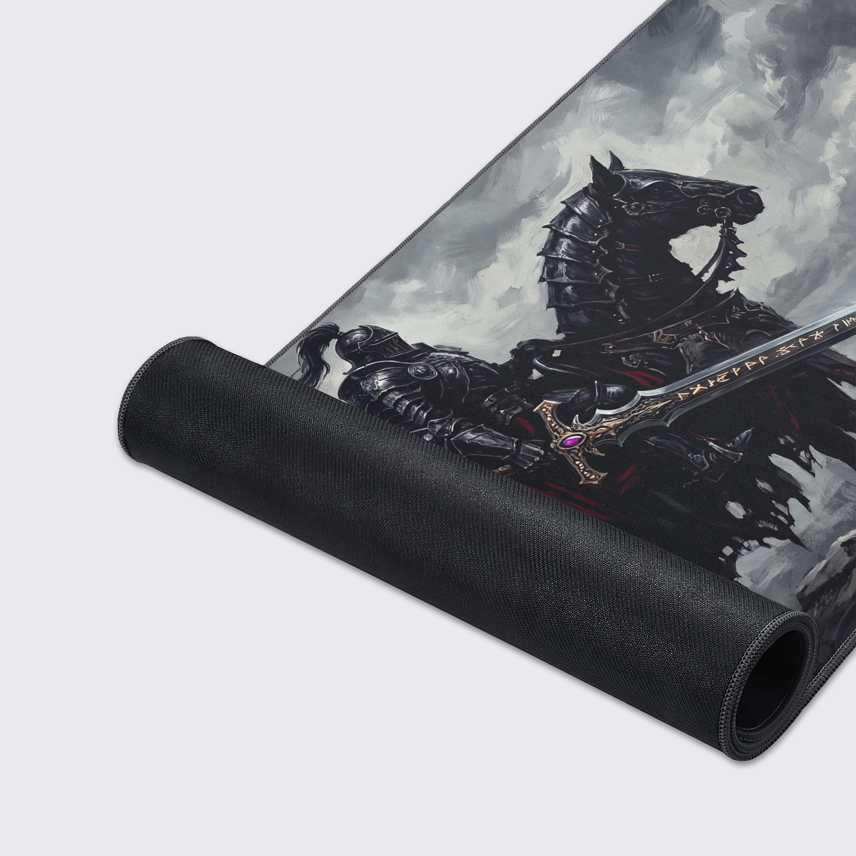 Desolate background of the desk mat artwork showing gothic spires and tattered dark flags under cloudy skies