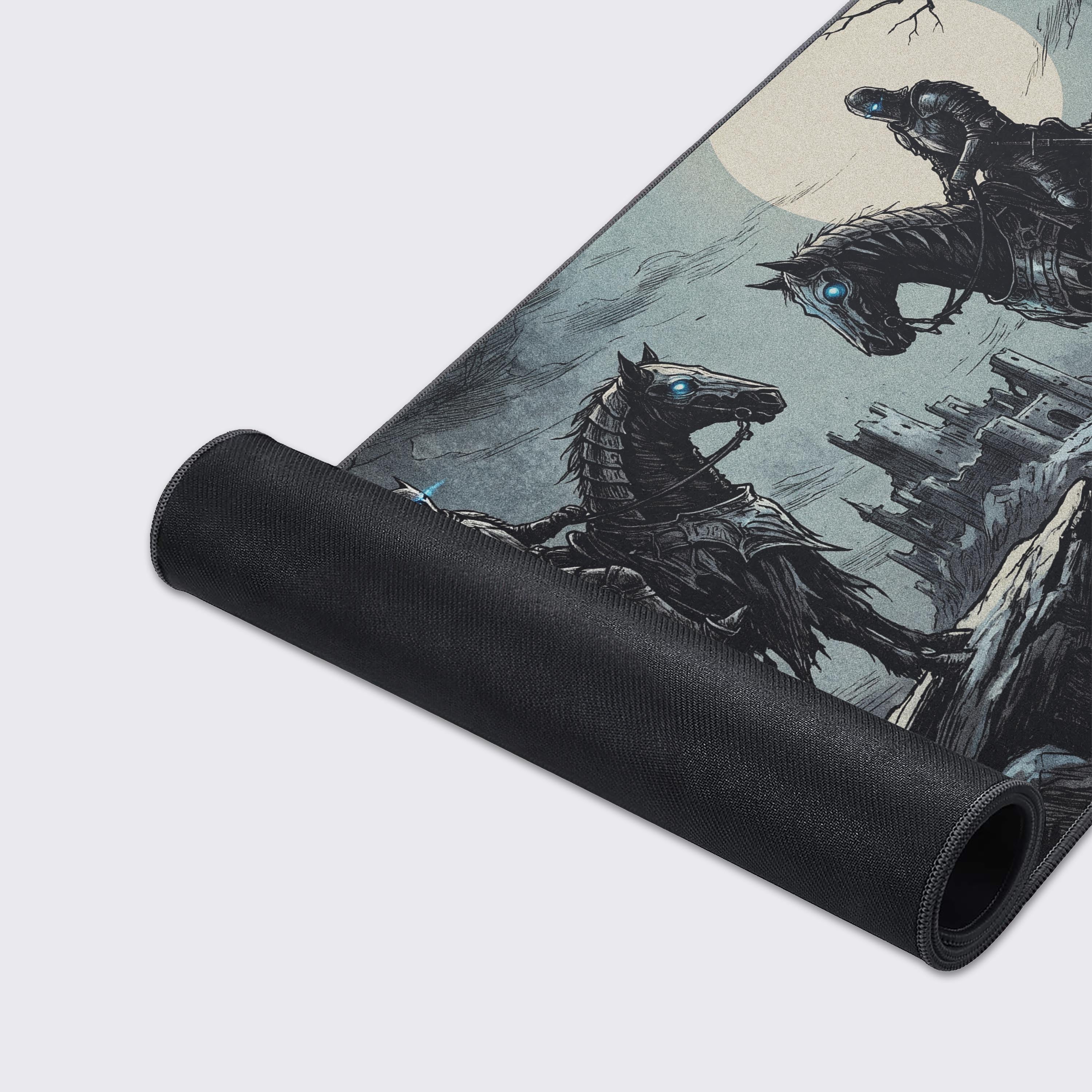Epic grimdark gaming setup featuring a black and gray desk mat with a gothic castle and spectral riders.