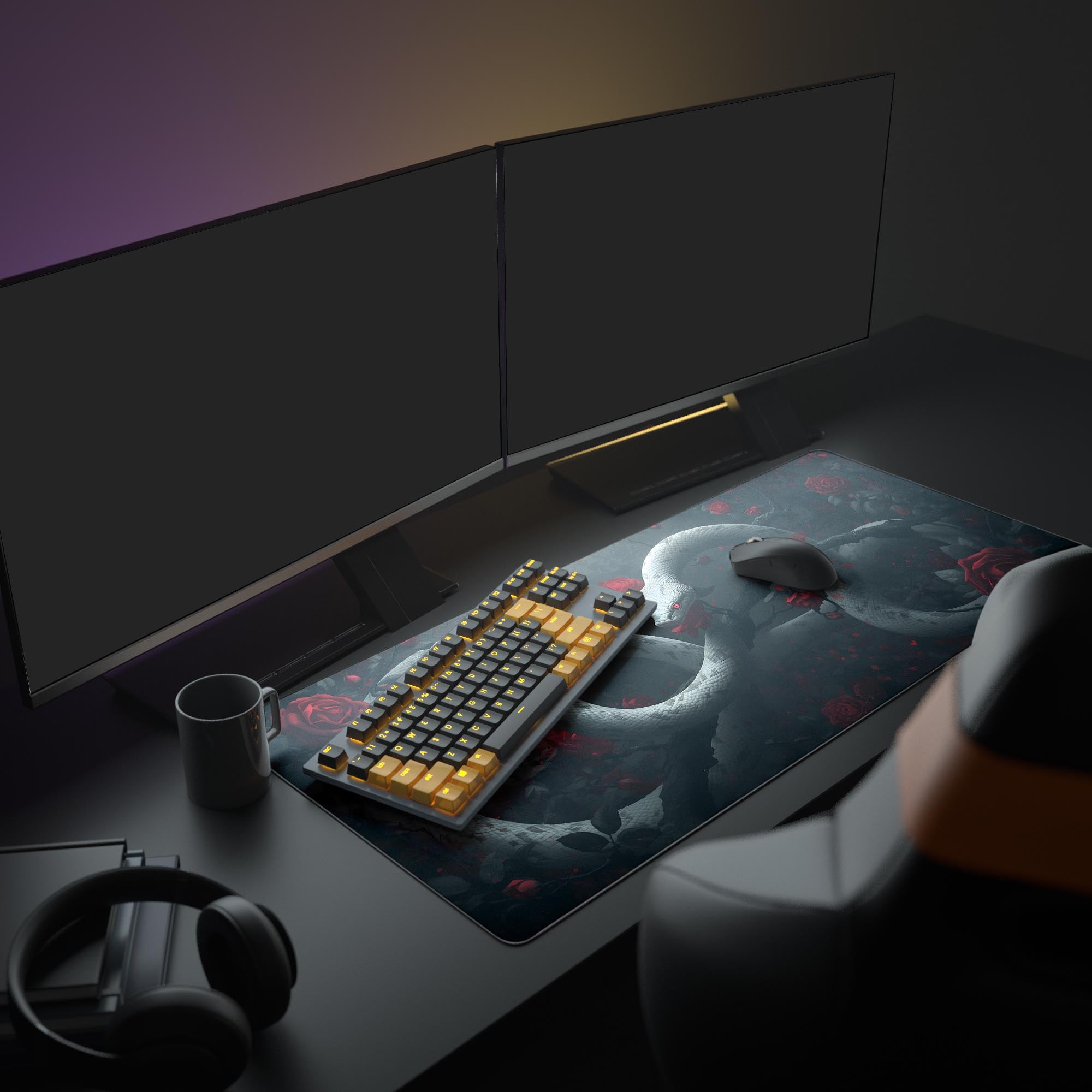 Large gothic desk mat with serpent design in a Dark Academia gaming setup featuring dual monitors and a mechanical keyboard. - Epic Design Pads & Mousepads