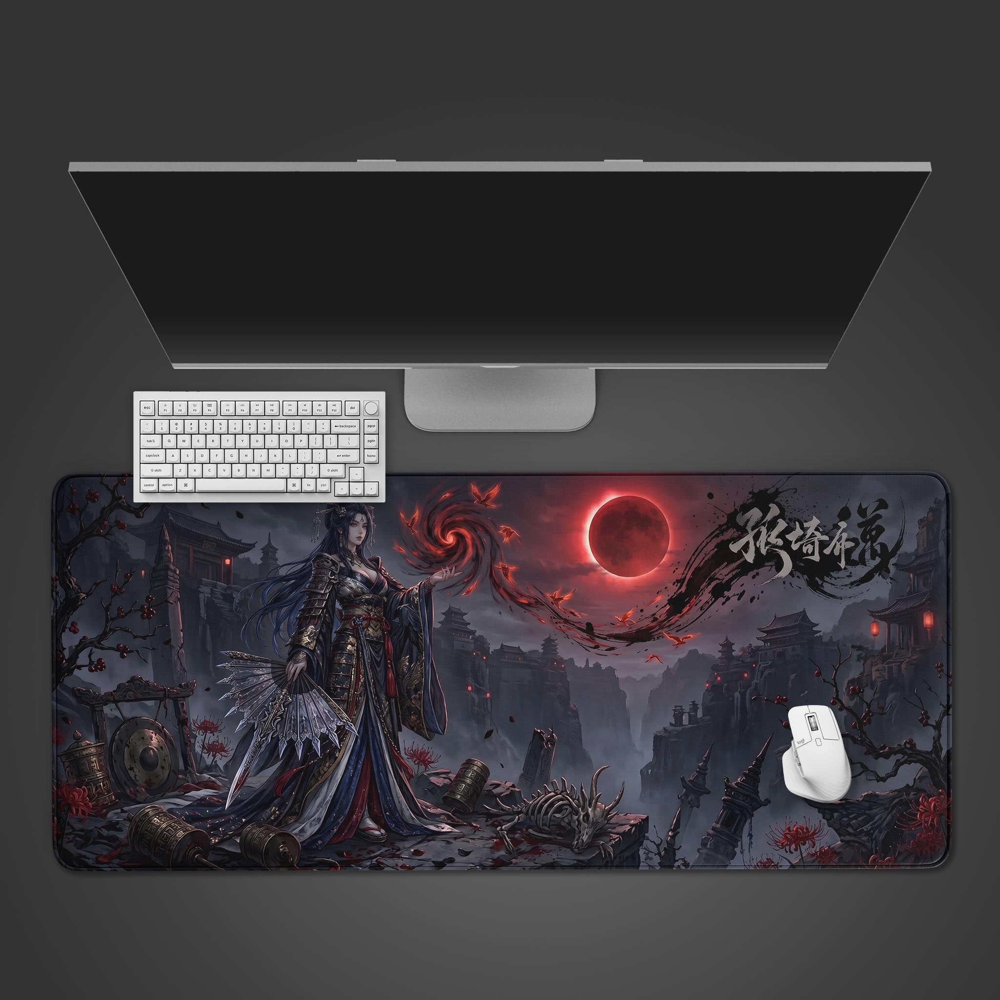 Dark fantasy sorceress desk mat featuring a blood moon and gothic Asian ruins