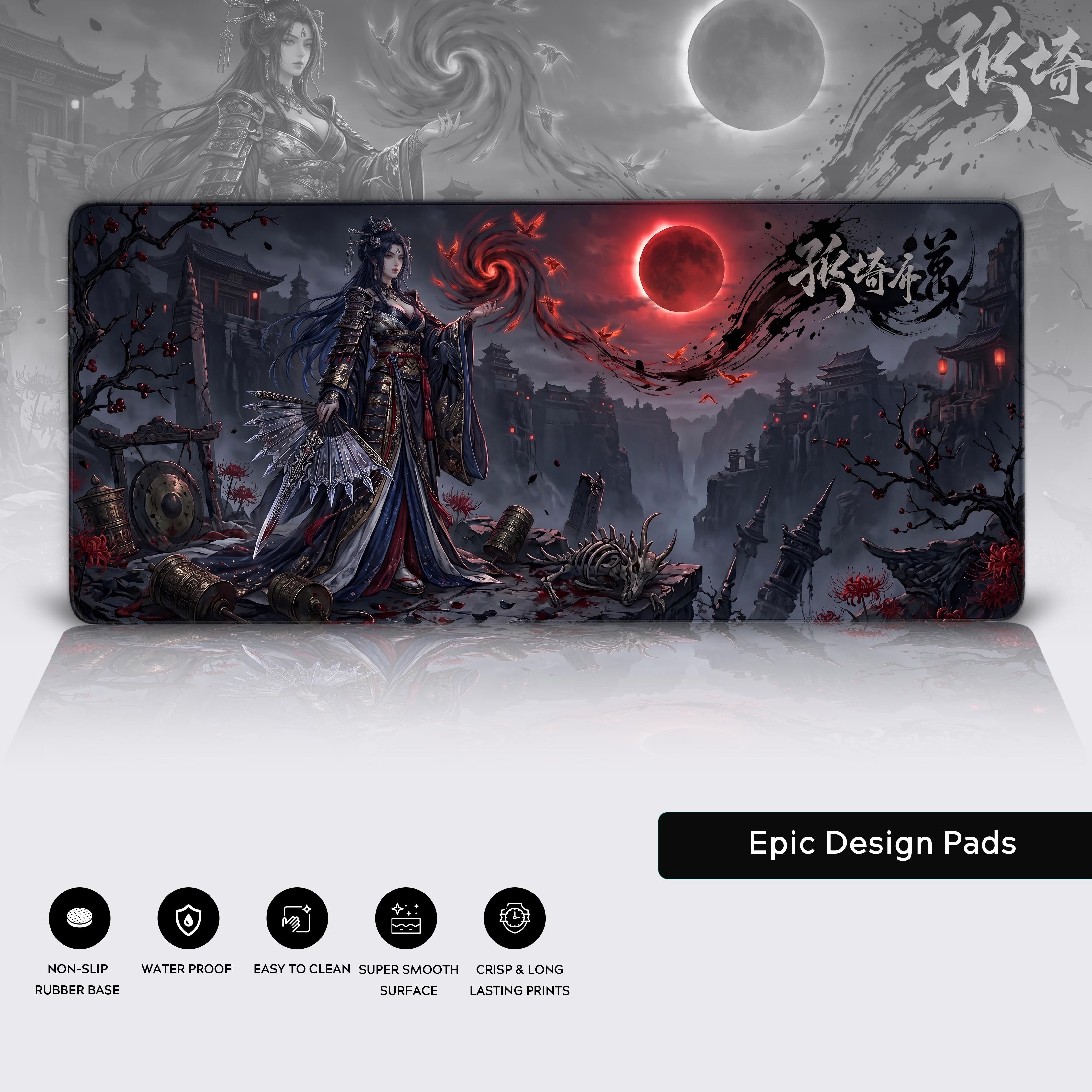 Epic dream gaming setup enhanced by a gothic blood moon sorceress desk mat