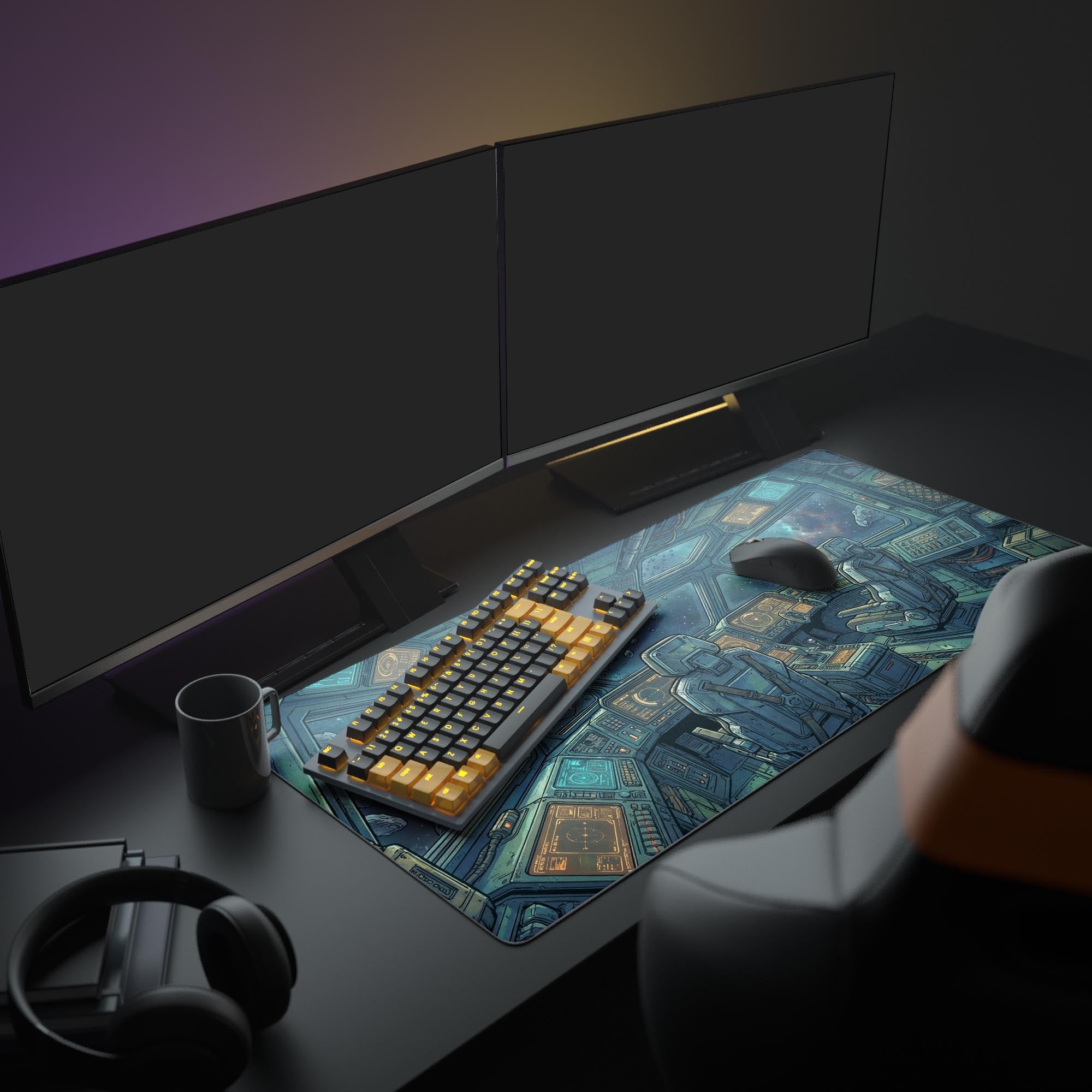 Large sci-fi desk mat featuring the Deep Drift spaceship cockpit, shown in an aesthetic gaming setup with dual monitors and a mechanical keyboard. - Epic Design Pads & Mousepads