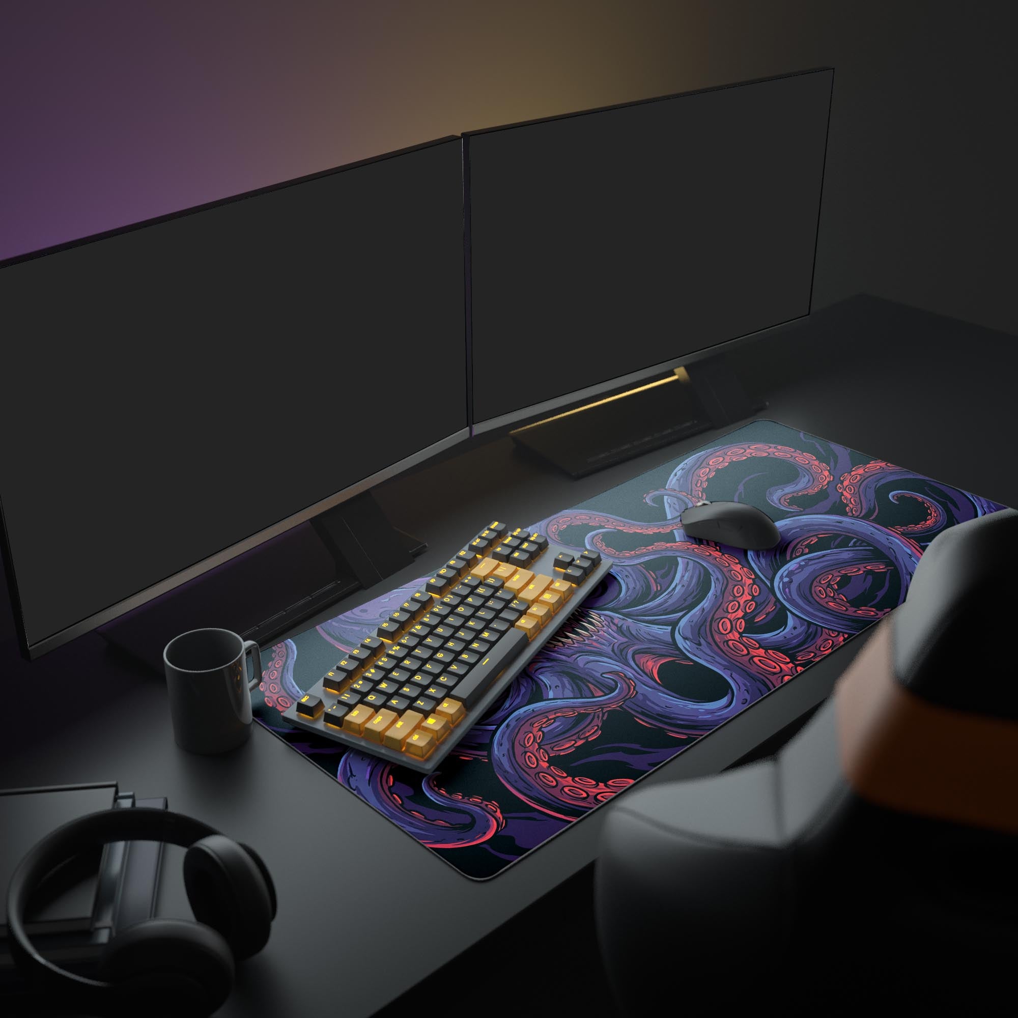 A full gaming PC setup showcasing the Deep Terror mouse pad, with its dark fantasy octopus design anchoring a glowing keyboard, mouse, and multiple monitors for an immersive experience. - Epic Design Pads & Mousepads