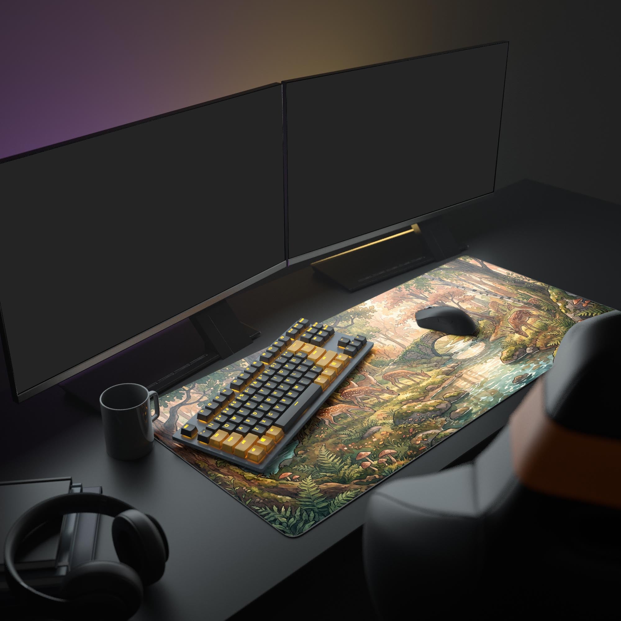 Close-up of the forest desk mat showing detailed autumn trees, mossy stones, and a small bridge.