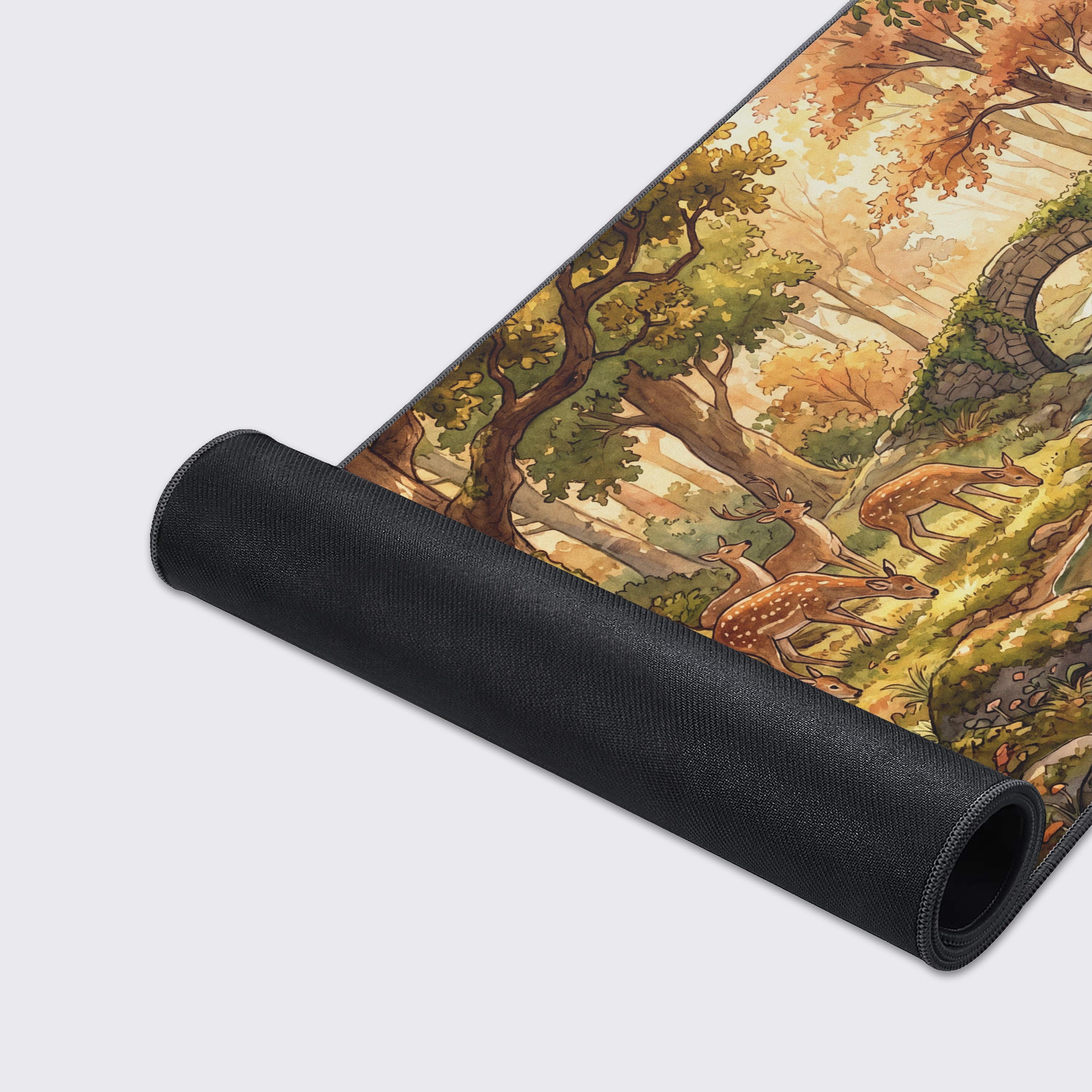 Large woodland aesthetic mouse pad displaying golden sunbeams and a tranquil river.