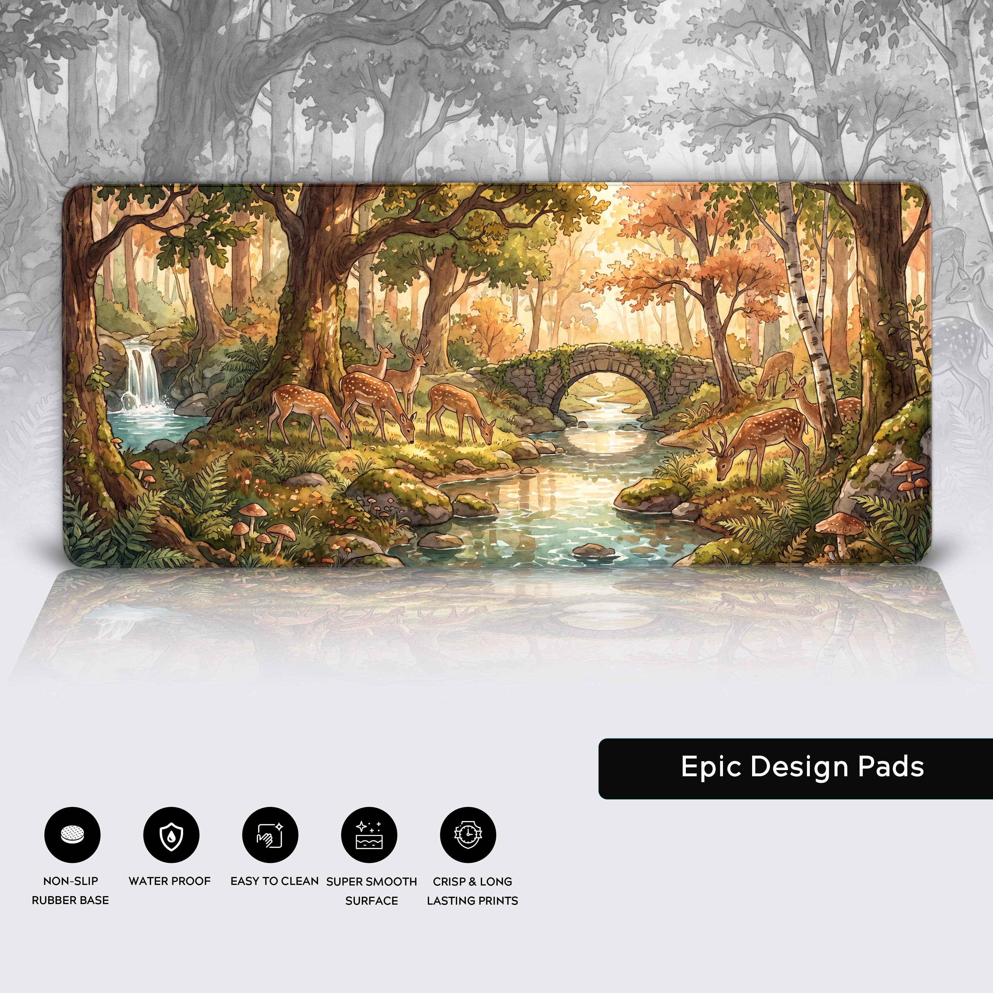Enchanted Woodland desk mat infographic showing features like waterproof coating and non-slip rubber base.