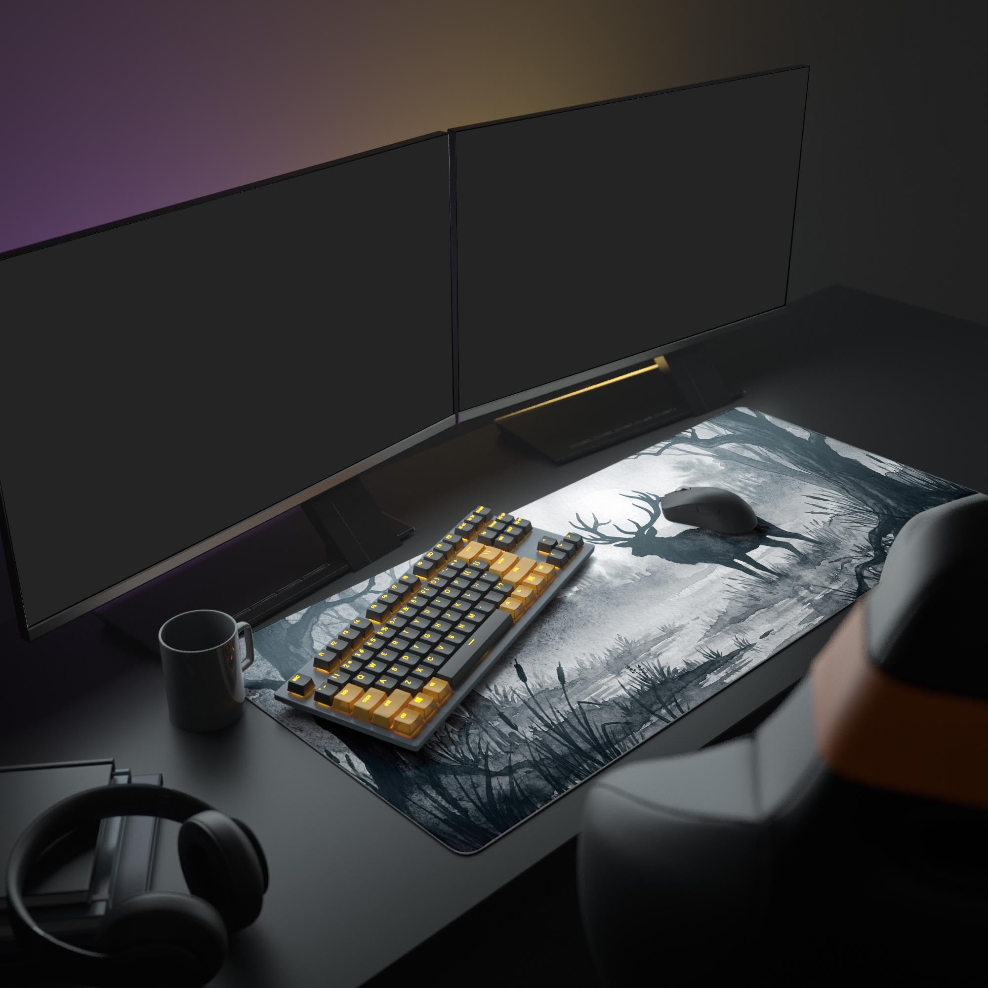 Close up view of the deer desk mat highlighting the crisp, long-lasting print quality and ink wash aesthetic.