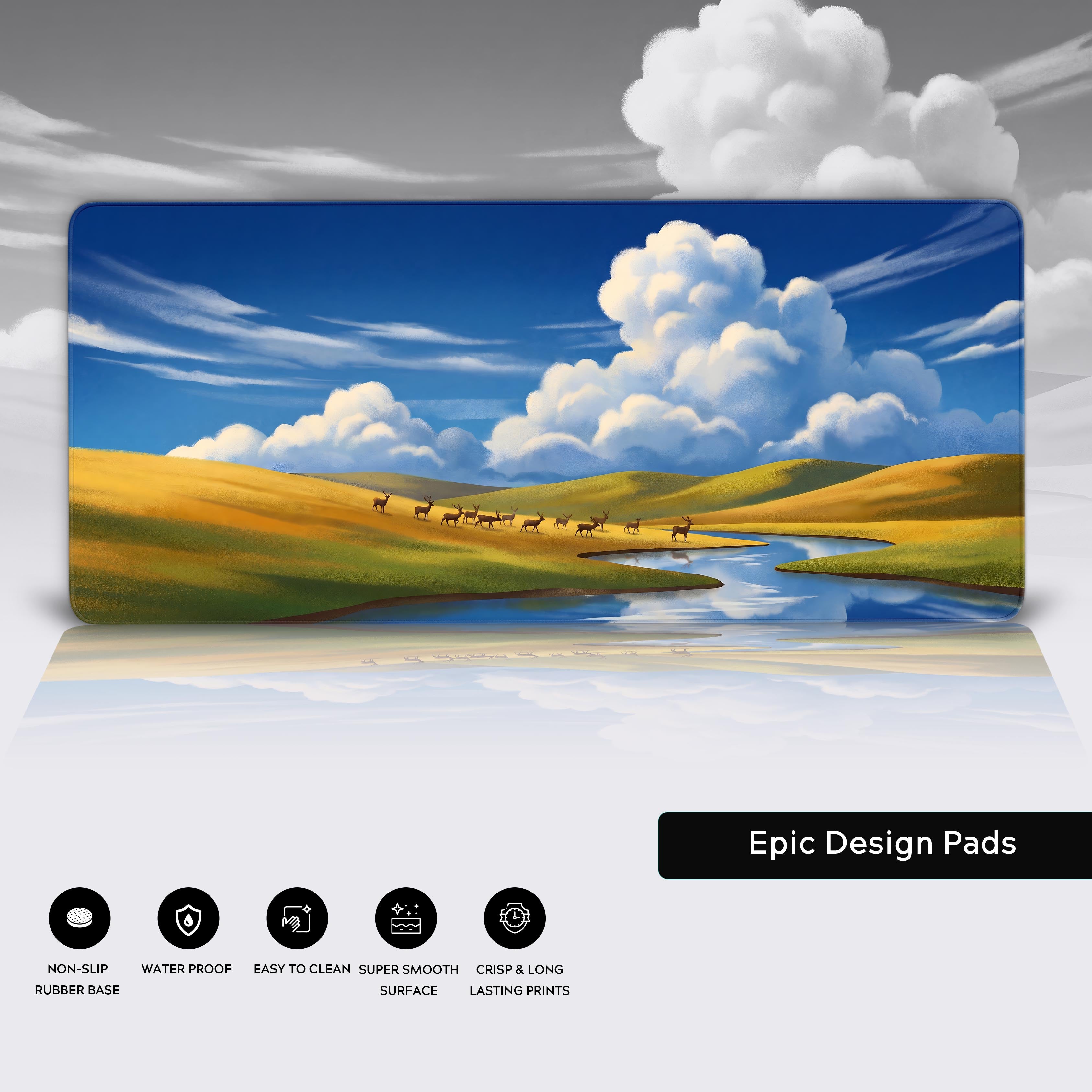 Wide shot of the expansive nature-themed gaming mouse pad, transforming any workspace into a peaceful outdoor retreat.