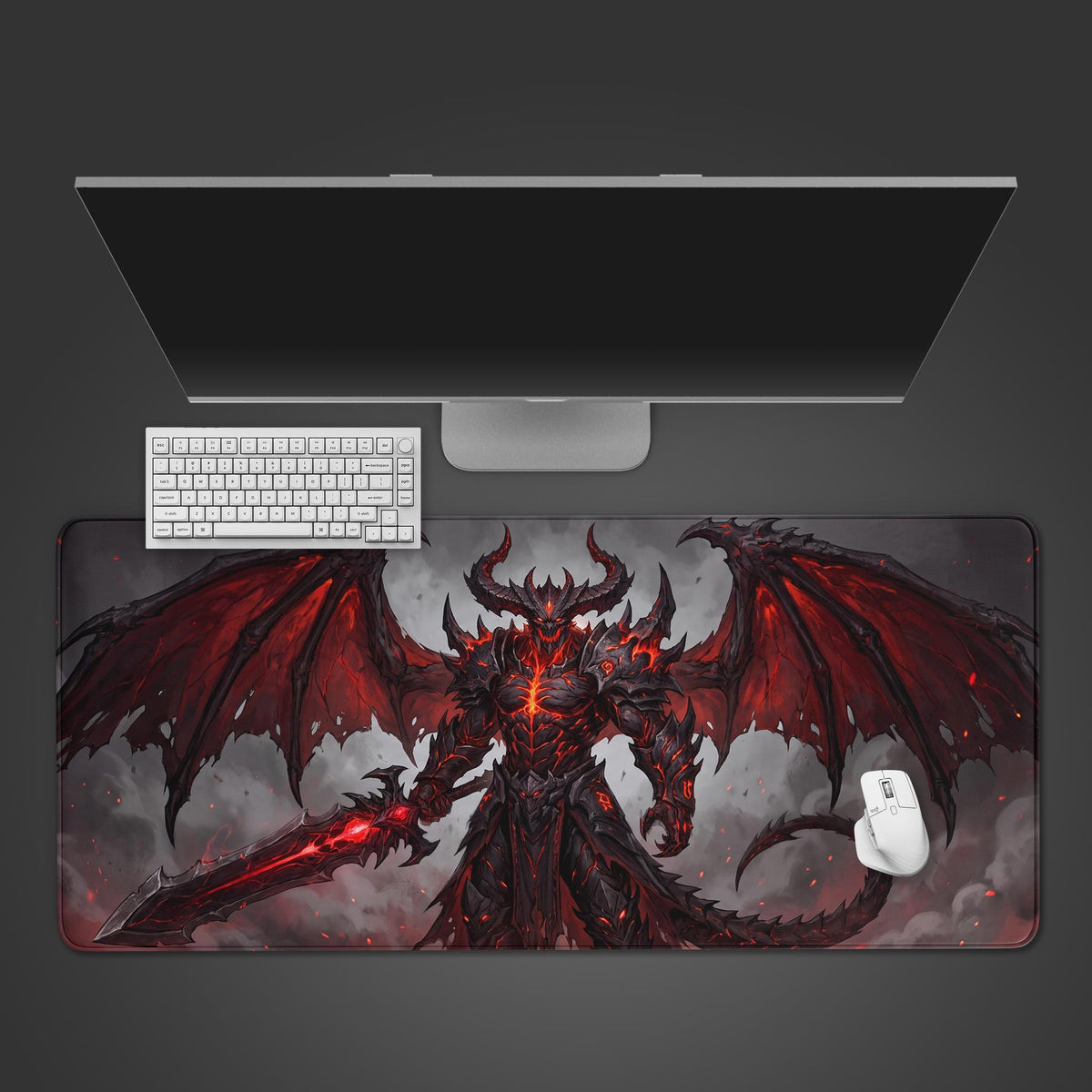 A dark fantasy desk mat featuring a heavily armored demon with glowing red wings and a massive sword against a smoky gray background.